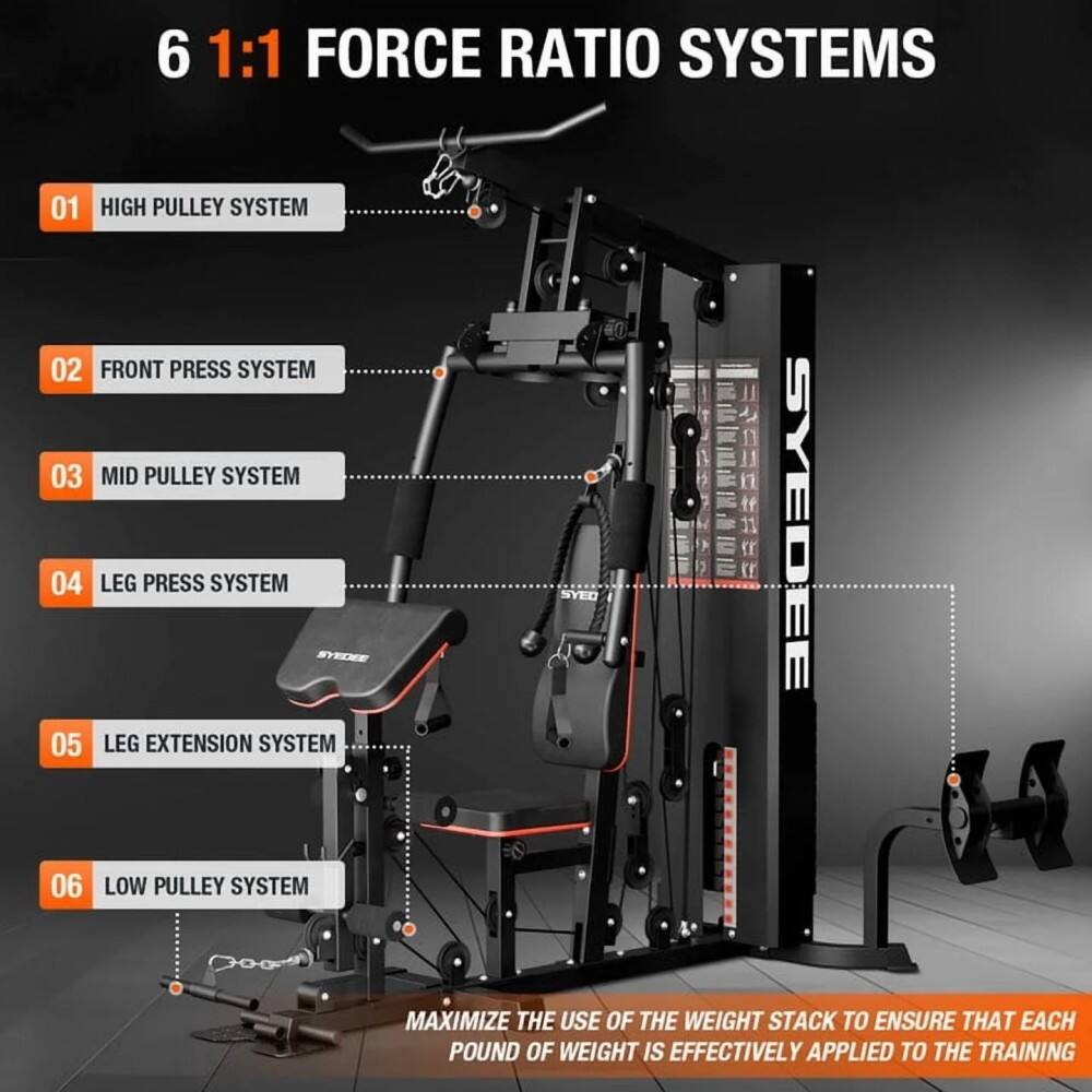 6 1:1 FORCE RATIO SYSTEMS

01 HIGH PULLEY SYSTEM  
02 FRONT PRESS SYSTEM  
03 MID PULLEY SYSTEM  
04 LEG PRESS SYSTEM  
05 LEG EXTENSION SYSTEM  
06 LOW PULLEY SYSTEM  

MAXIMIZE THE USE OF THE WEIGHT STACK TO ENSURE THAT EACH POUND OF WEIGHT IS EFFECTIVELY APPLIED TO THE TRAINING