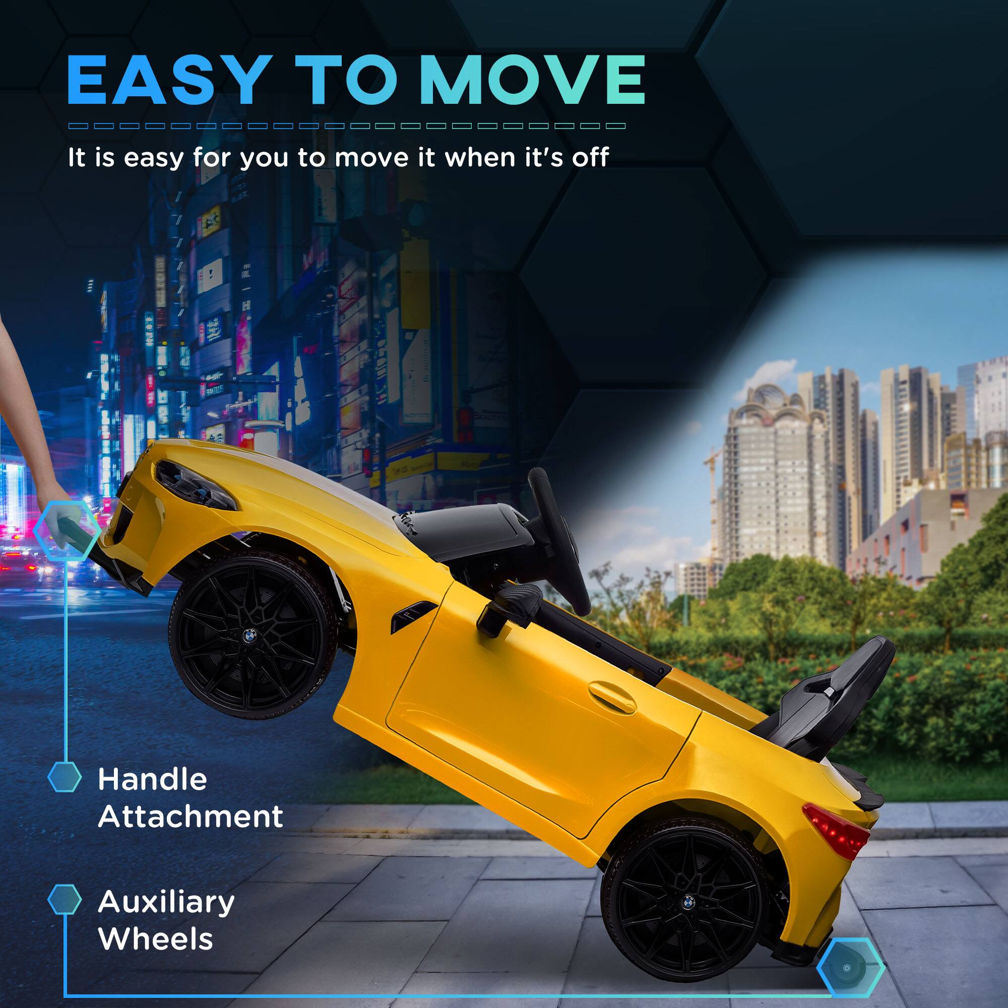 EASY TO MOVE  
It is easy for you to move it when it's off  

- Handle Attachment  
- Auxiliary Wheels