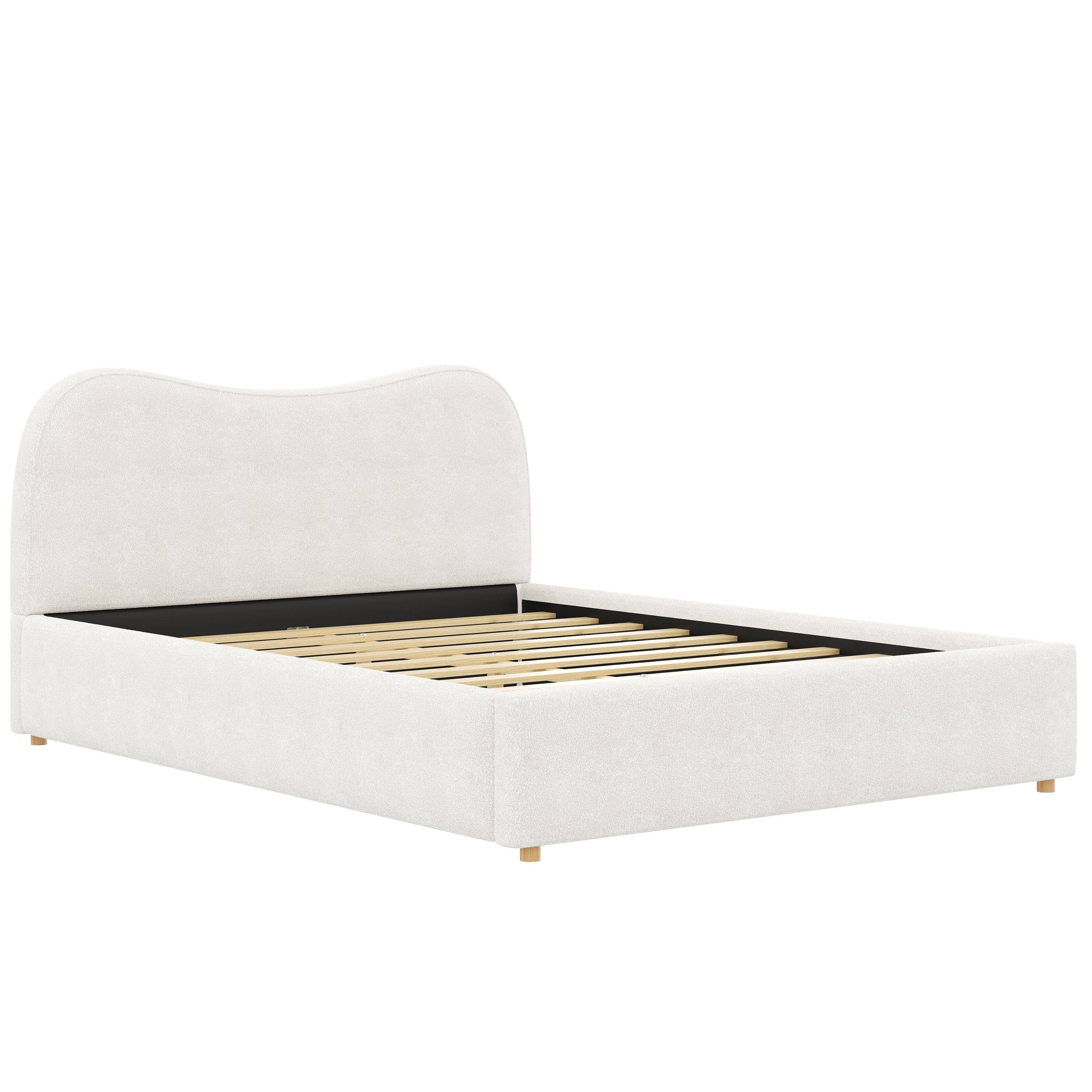 Alt View 1. Whisen - Queen Size Bouclé Upholstered Platform Bed Frame with Wooden Slats for Modern Bedroom - White.