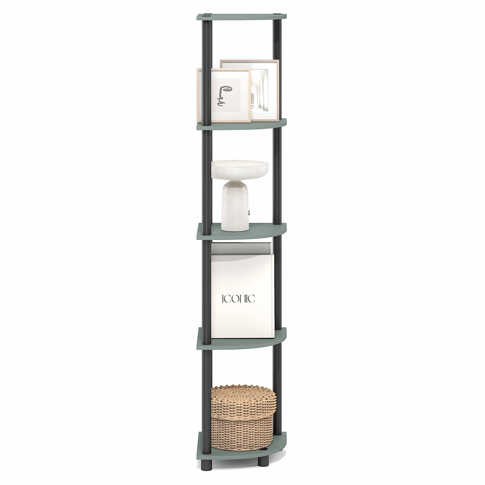 Alt View 5. Furinno - TURN-N-TUBE Corner Shelf, 5-Tier Corner Bookshelf, Open Storage Shelves, for Living Room, Home Office, Garage, Bedroom - Sage Green/Black.