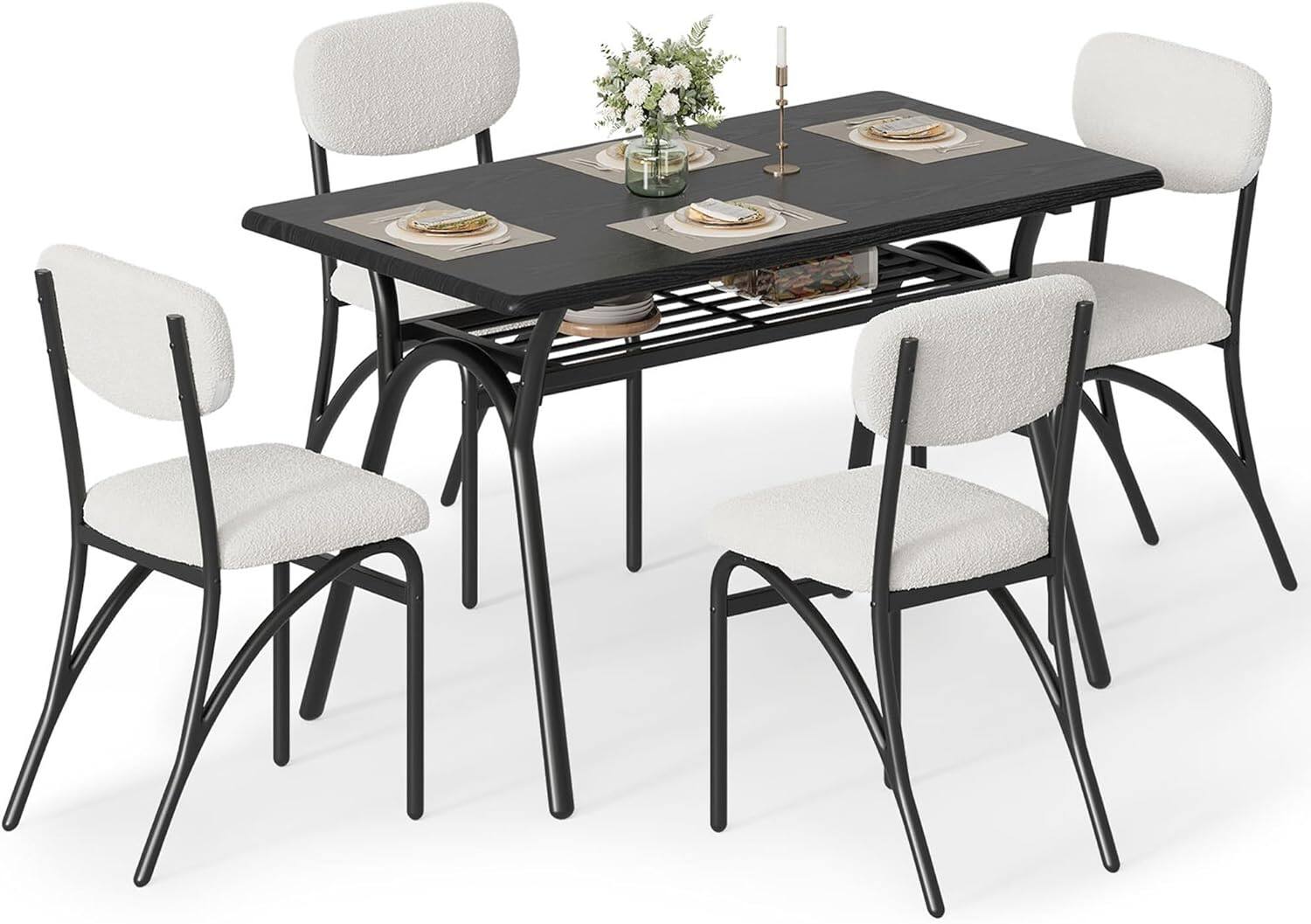 Front. Qeetex - 4-Person Dining Set, Modern Table with Storage & Boucle Chairs for Small Spaces - Black+White.