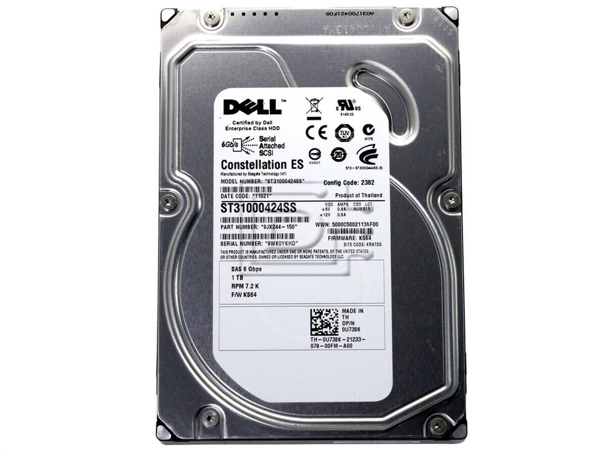 60J1ZF0021COM C00413MA 5119 TM DOLL LR. 423 Certified by Dell Enterprise Class HDD Serial CE TUV N76 6Gb/s Attached SCSI 20 Constellation ES 819807 STE *ROA4ss Wanufactured by Seagate Technology In MODEL NUMBER: "ST3100042488 Config Code: 2382 DATE CODE: "11021" ST31000424SS Product of Thailand VDC AUPS CSO LOT +V D.BA NUMBE 12V 0.5A PART NUMBER: *9JX244 150* WWN: 5000C5002113AF00 FIRMWARE: K864 SERIAL NUMBER: "9WKOYKHD" SITE CODE: KRATSG THIS PRODUCT IS MANUFACTURED UNDER ONE OR MORE PATENTS OF THE UNITED STATES OR OTHER COUNTRIES OWNED OR LICENSED BY SEAGATE TECHNOLOGY LLC SAS 6 Gbps 1 TB APM 7.2 K F/W KS6