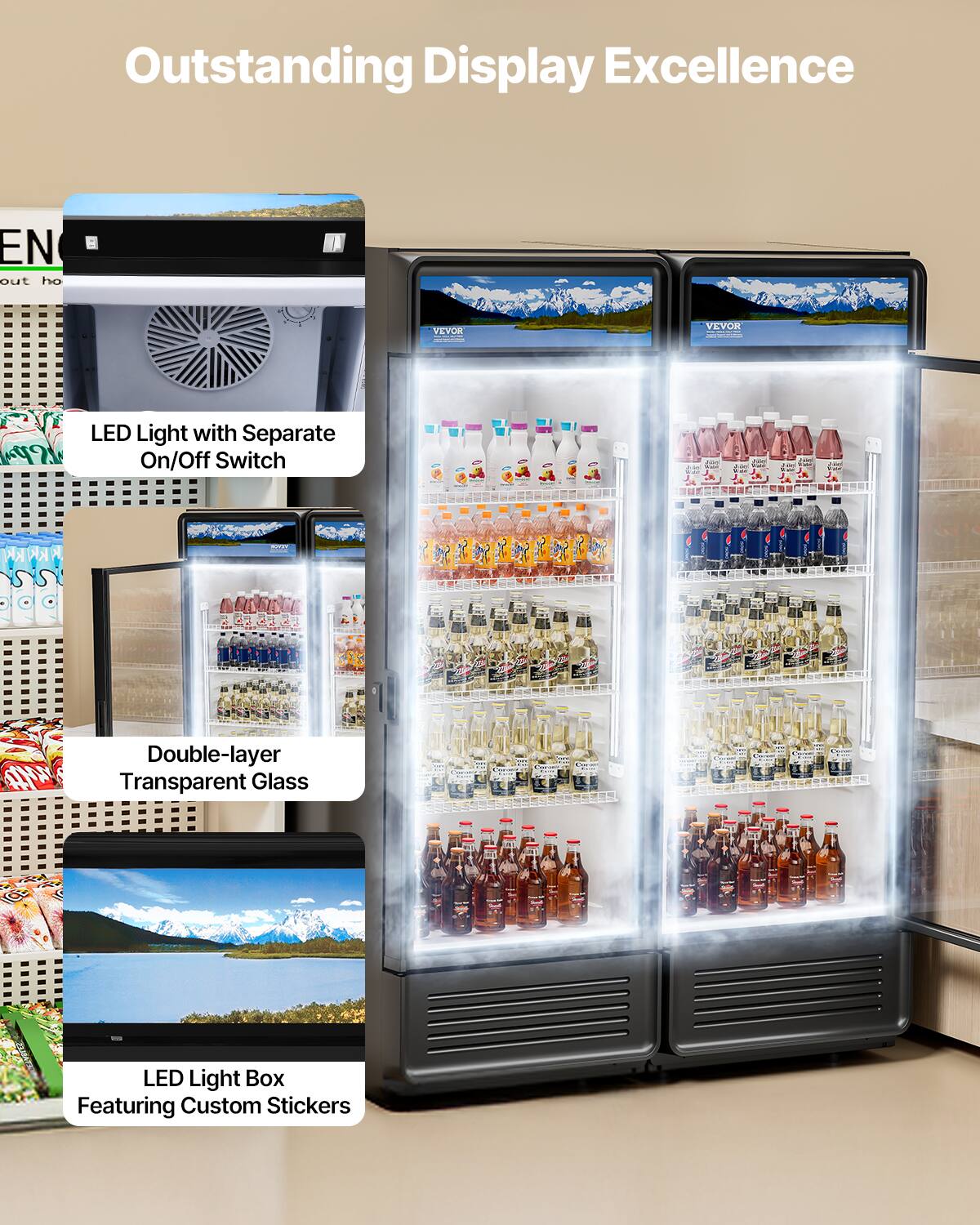 Outstanding Display Excellence

LED Light with Separate On/Off Switch

Double-layer Transparent Glass

LED Light Box Featuring Custom Stickers