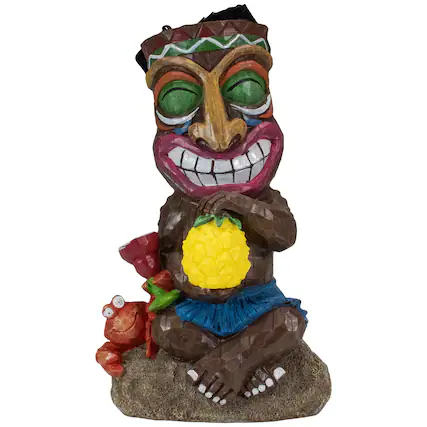 Front. Northlight - 13.75" Solar Lighted Polynesian Outdoor Garden Smiling Tiki Statue - Brown.