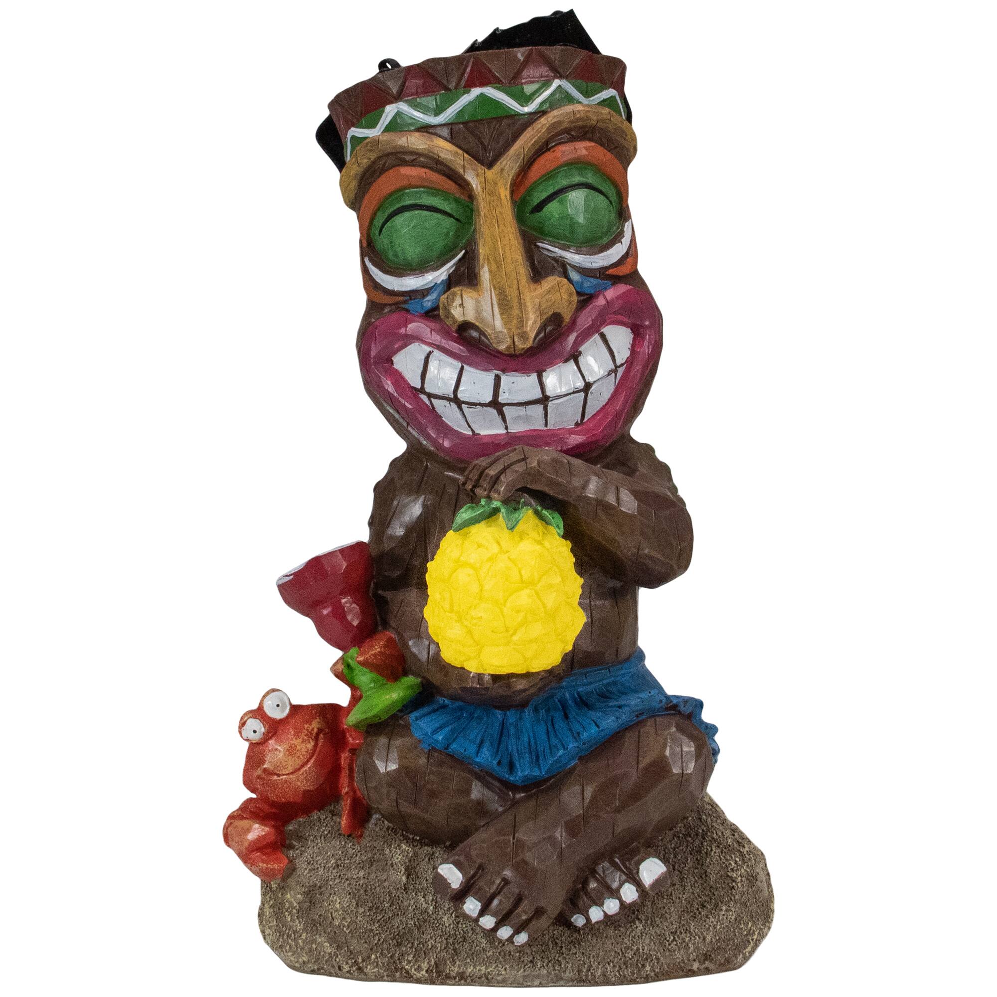 Front. Northlight - 13.75" Solar Lighted Polynesian Outdoor Garden Smiling Tiki Statue - Brown.