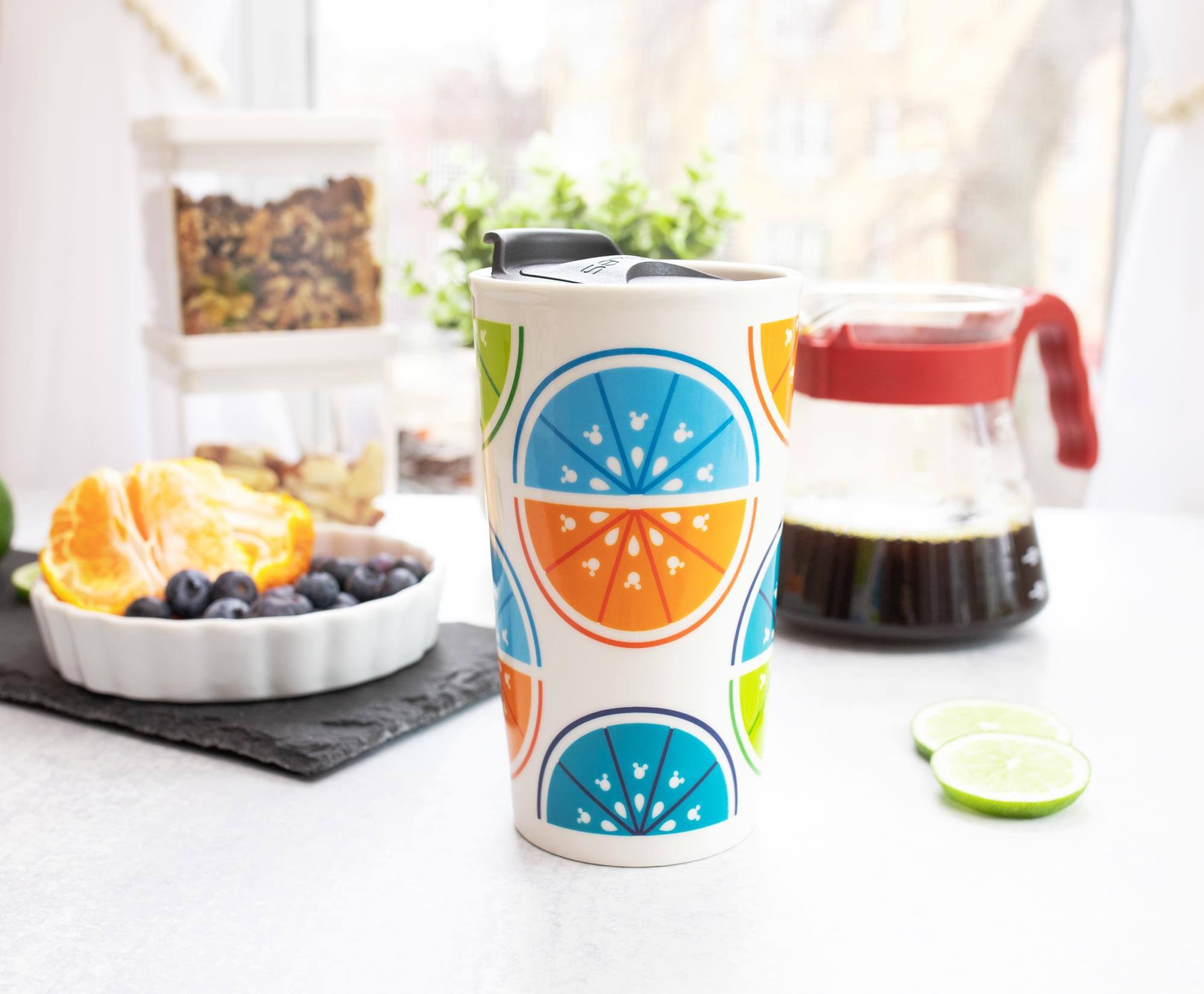 Alt View 10. Disney - Disney Mickey Mouse Fruit Slices Ceramic Travel Mug With Lid | Holds 10 Ounces - Orange.