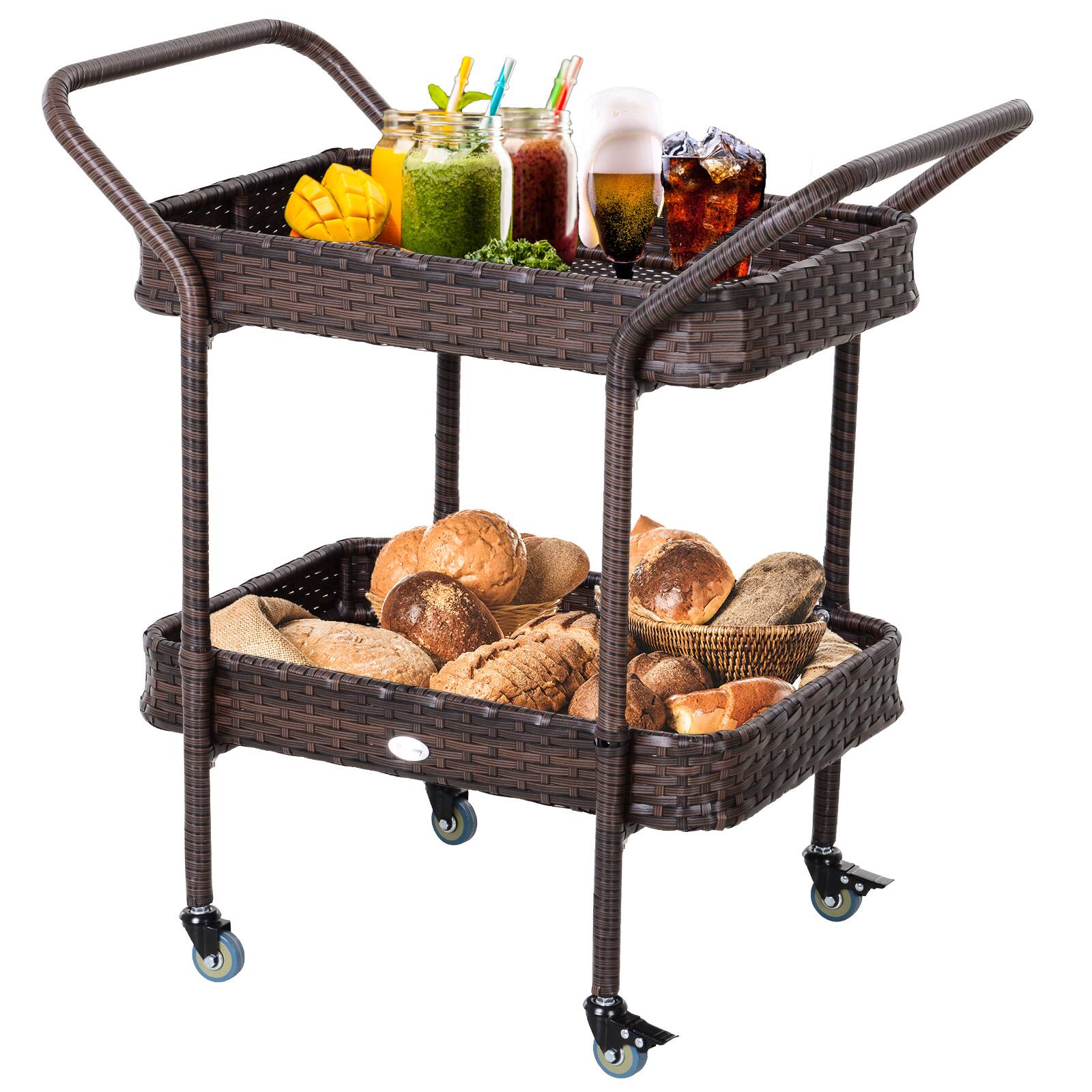 Outsunny - PE Rattan Outdoor Bar Table, Outdoor Kitchen Island with 2-Tier Shelf, Wheeled Patio Serving Cart with Brakes - Mix Brown