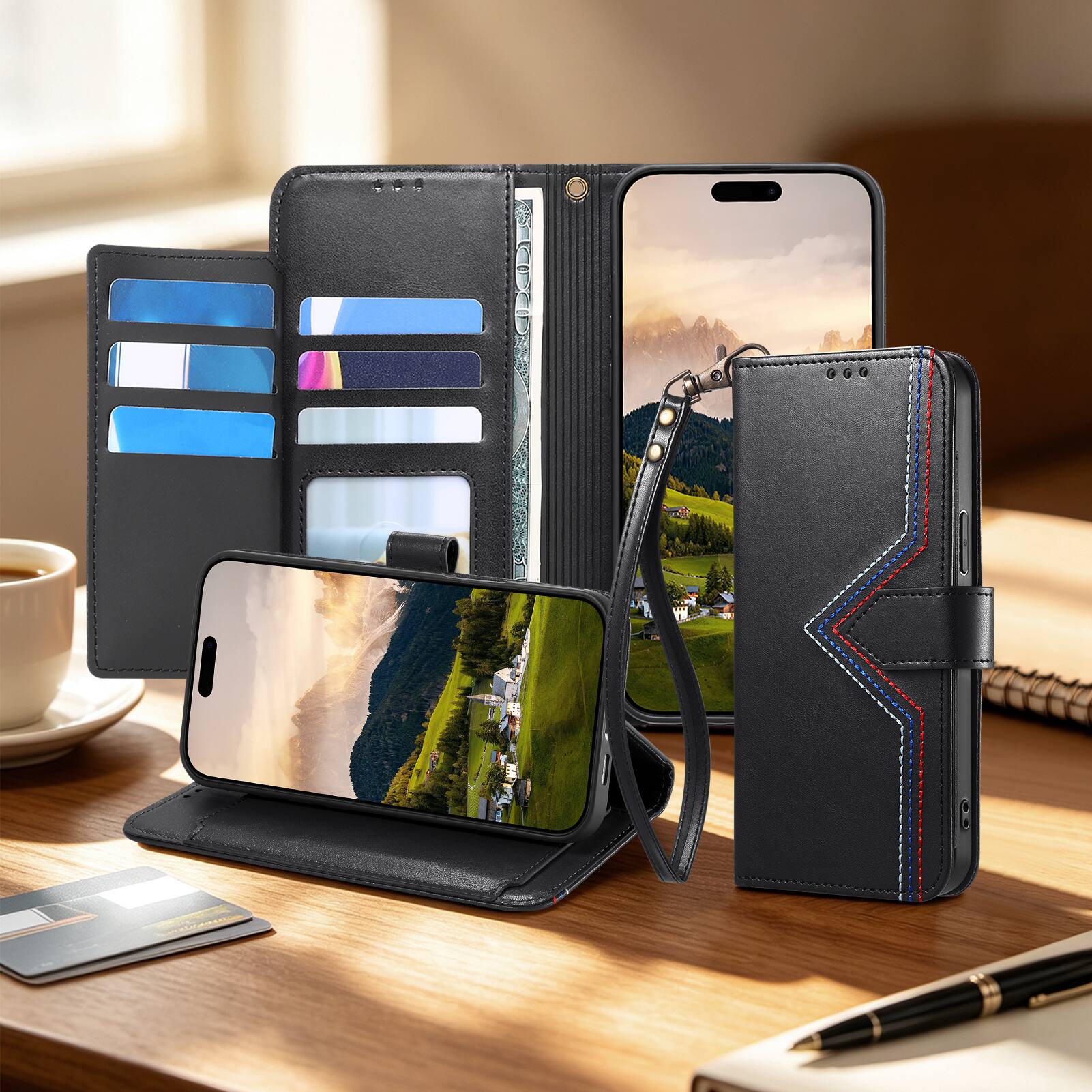 Alt View 7. Dteck - Wallet Phone Case for Google Pixel 11 Pro XL with Wrist Strap, Slim Shockproof Leather Kickstand Folio Protective Cover - Black.