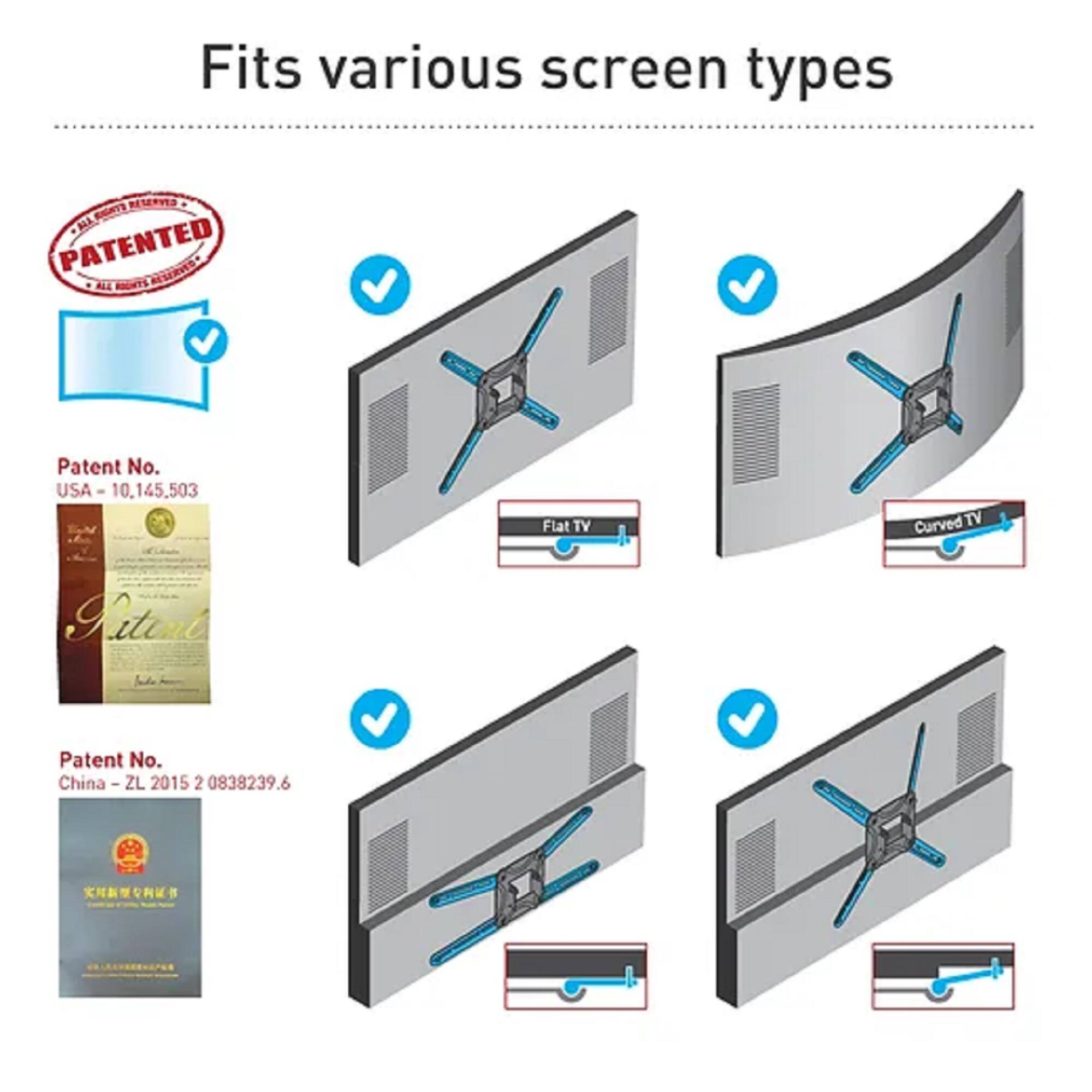 Fits various screen types

RESERVED - TS MA PATENTED MR ALL RIGATS

Patent No. USA - 10,145,503

Flat TV

Curved TV

Patent No. China - ZL 2015 2 0838239.6