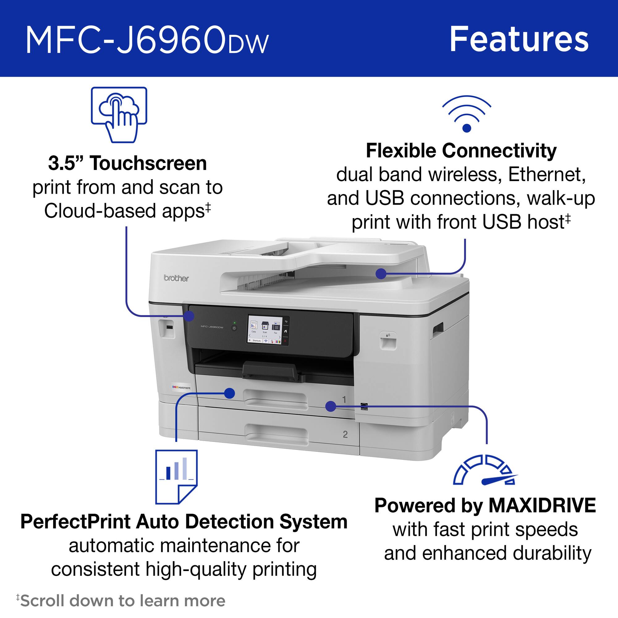 MFC-J6960DW Features

- 3.5" Touchscreen
  - print from and scan to Cloud-based apps*

- Flexible Connectivity
  - dual band wireless, Ethernet, and USB connections, walk-up print with front USB host*

- PerfectPrint Auto Detection System
  - automatic maintenance for consistent high-quality printing

- Powered by MAXIDRIVE
  - with fast print speeds and enhanced durability

*Scroll down to learn more