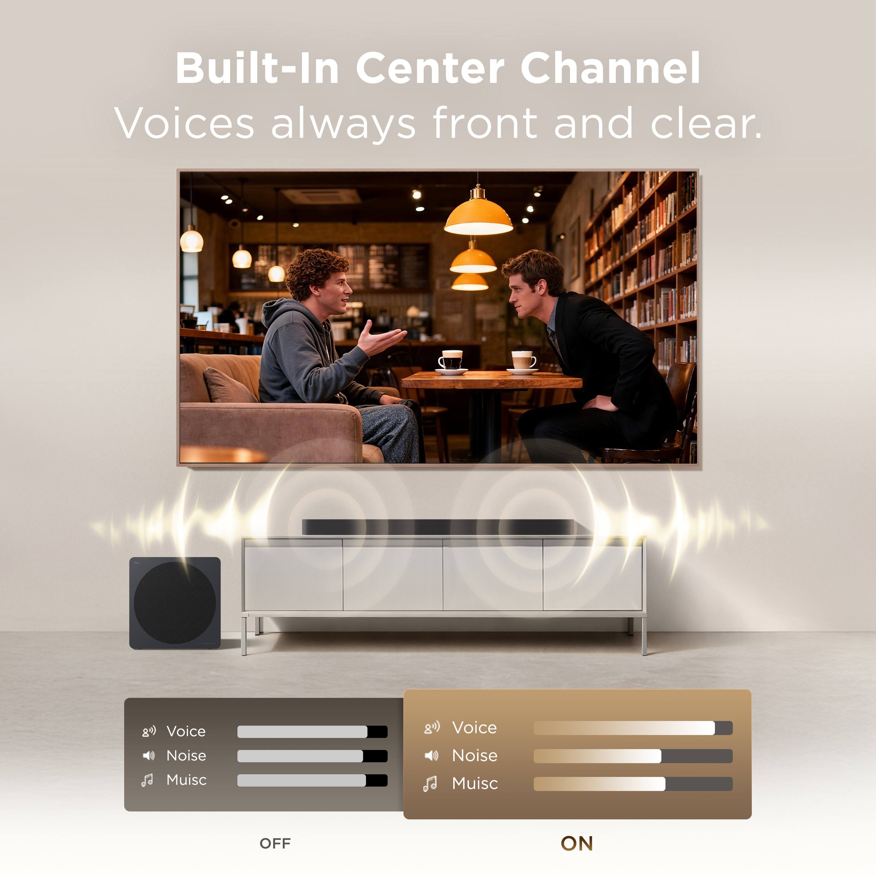 Built-In Center Channel  
Voices always front and clear.

g) Voice Noise Music  
OFF

g) Voice Noise Music  
ON