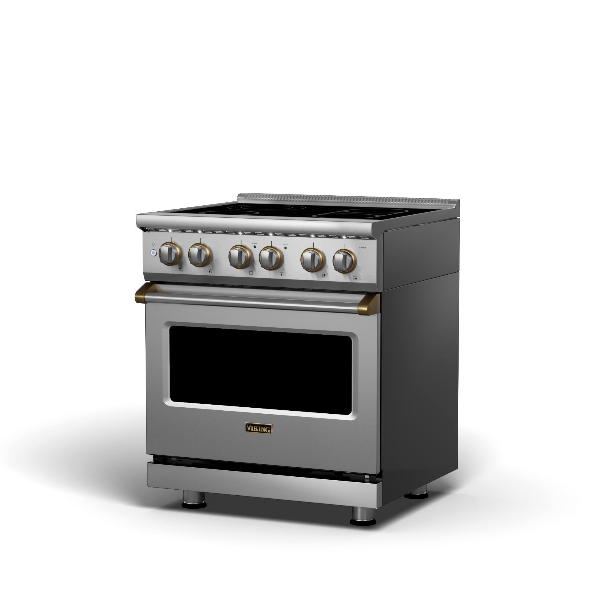 Angle. Viking - 5 Series 30" Wide 4.7 Cubic Foot Freestanding Electric Range - Stainless with Brushed Brass Accents.
