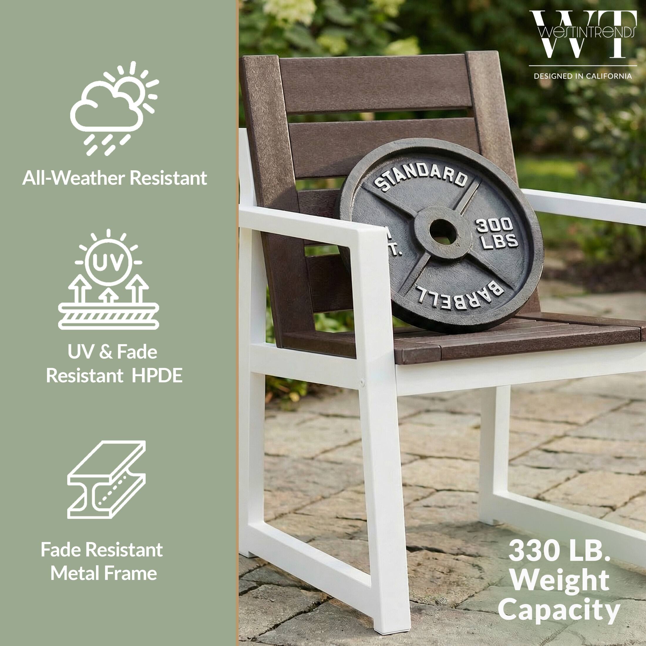 IXIII WESTINTRENDS VVII  
DESIGNED IN CALIFORNIA  
All-Weather Resistant  
UV & Fade Resistant HPDE  
Fade Resistant Metal Frame  
STANDARD 300 LBS BARBELL  
330 LB. Weight Capacity