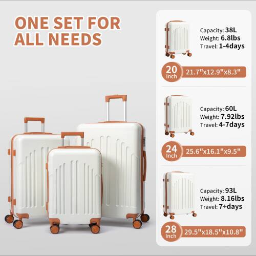 ONE SET FOR ALL NEEDS

Capacity: 38L  
Weight: 6.8lbs  
Travel: 1-4 days  
20 Inch  
21.7"x12.9"x8.3"

Capacity: 60L  
Weight: 7.92lbs  
Travel: 4-7 days  
24 Inch  
25.6"x16.1"x9.5"

Capacity: 93L  
Weight: 8.16lbs  
Travel: 7+ days  
28 Inch  
29.5"x18.5"x10.8"