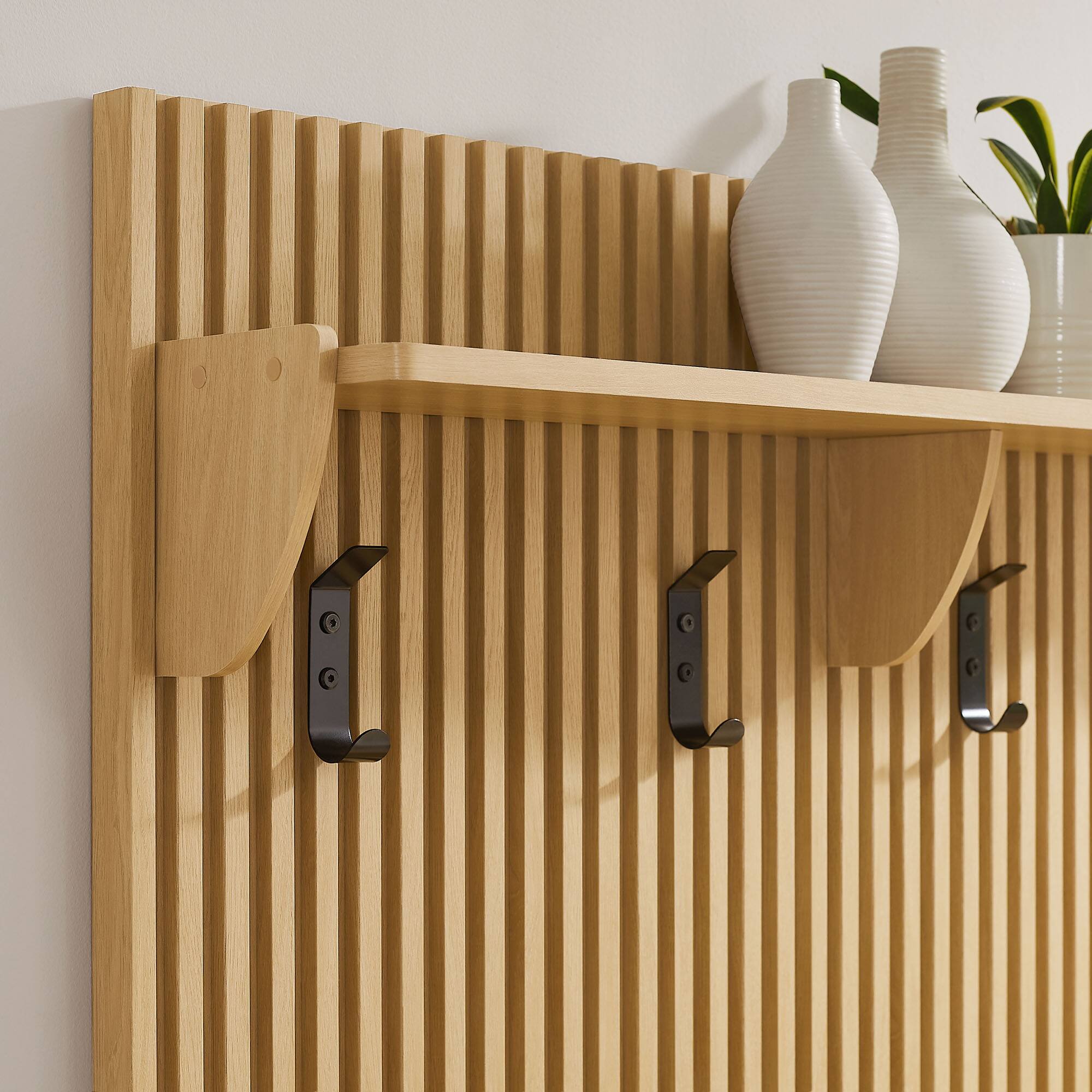 Alt View 2. Modway - Soma Fluted 3-in-1 Hall Tree With Storage Bench and Coat Rack by Modway - Light Oak.