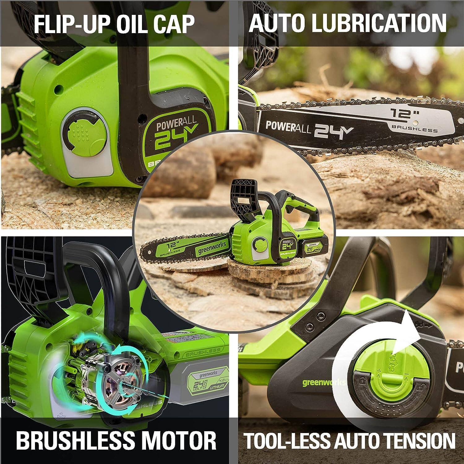 - FLIP-UP OIL CAP
- AUTO LUBRICATION
- BRUSHLESS MOTOR
- TOOL-LESS AUTO TENSION

POWERALL 24V
POWERALL 24V 12" BRUSHLESS
greenworks 24V 12" BRUSHLESS