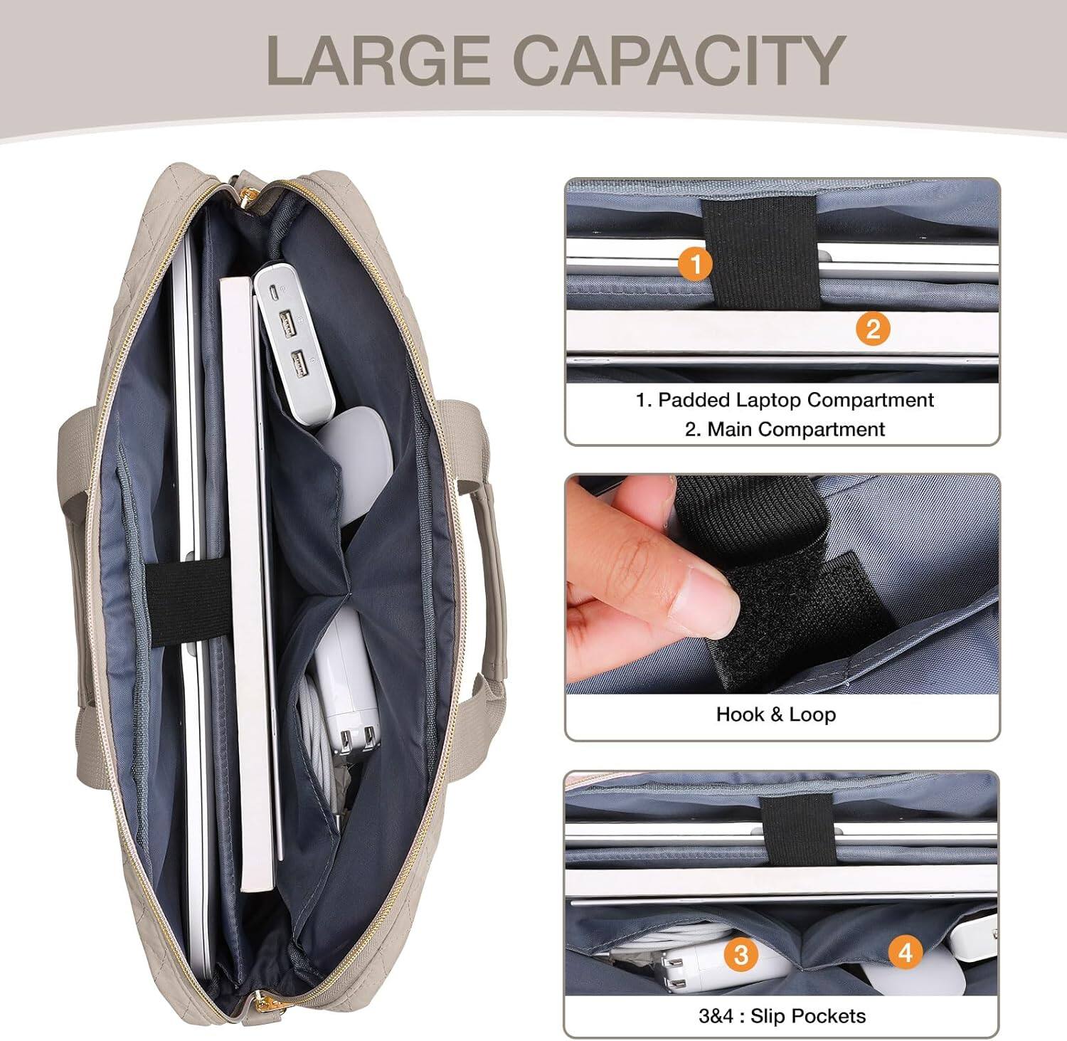 LARGE CAPACITY

1. Padded Laptop Compartment
2. Main Compartment

Hook & Loop

3&4: Slip Pockets