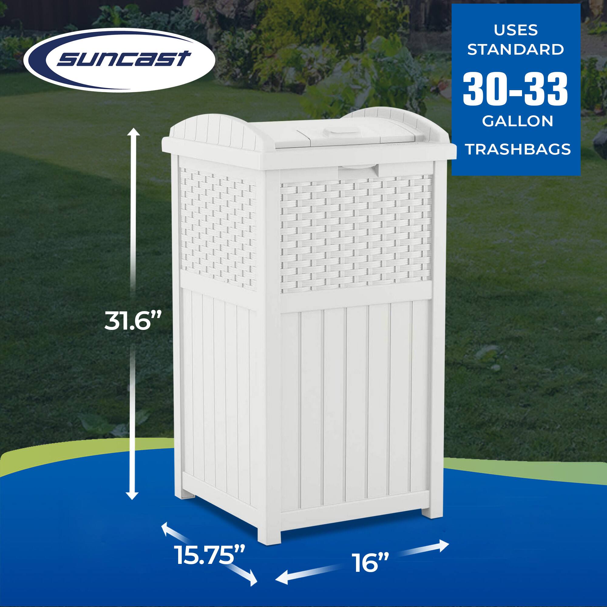 Suncast uses standard 30-33 gallon trashbags.  
Dimensions: 31.6" (height), 15.75" (width), 16" (depth).