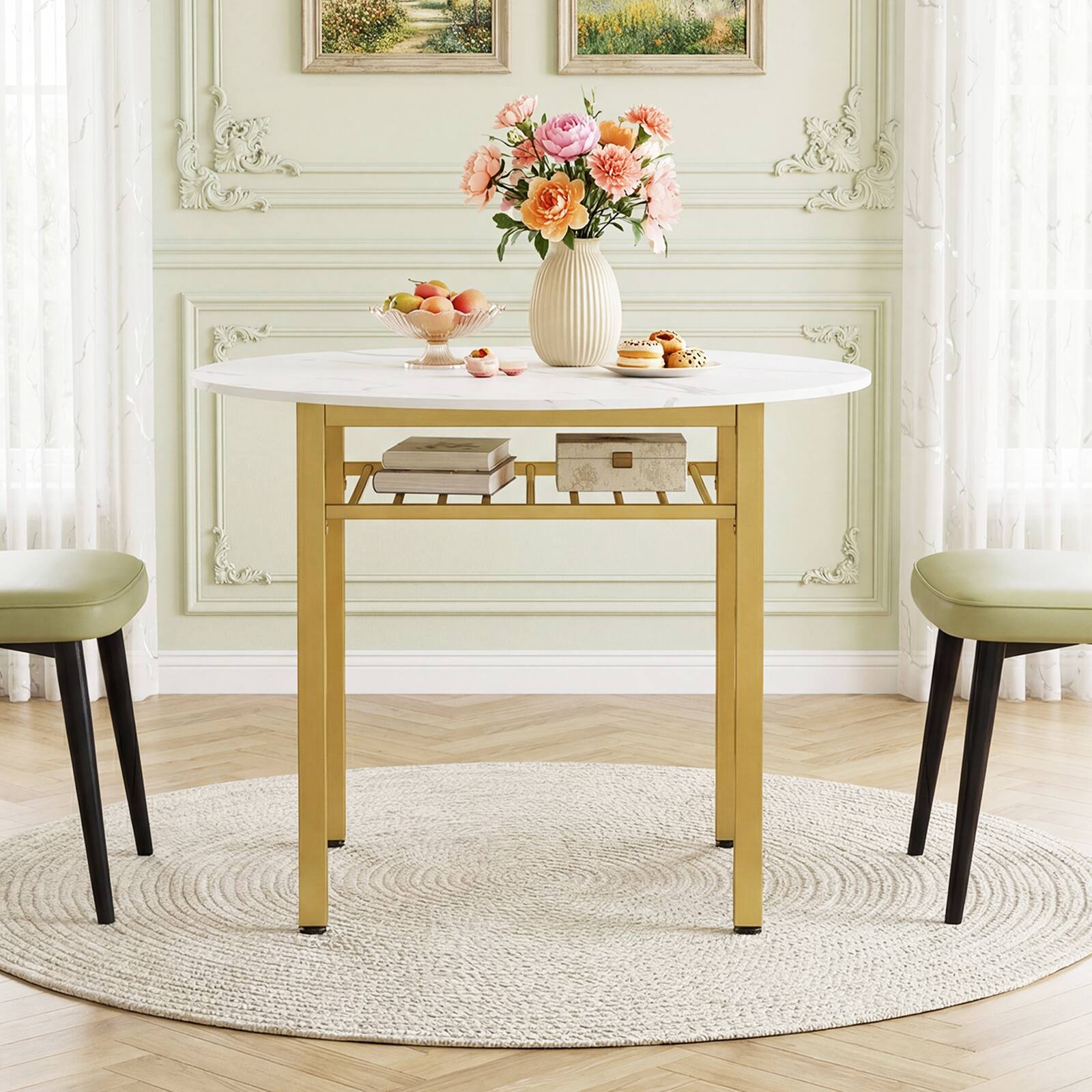 Alt View 3. Costway - Costway Dining Table for 2-4 People,40" Round Kitchen Table with Storage Shelf&Metal Frame - White + Gold.