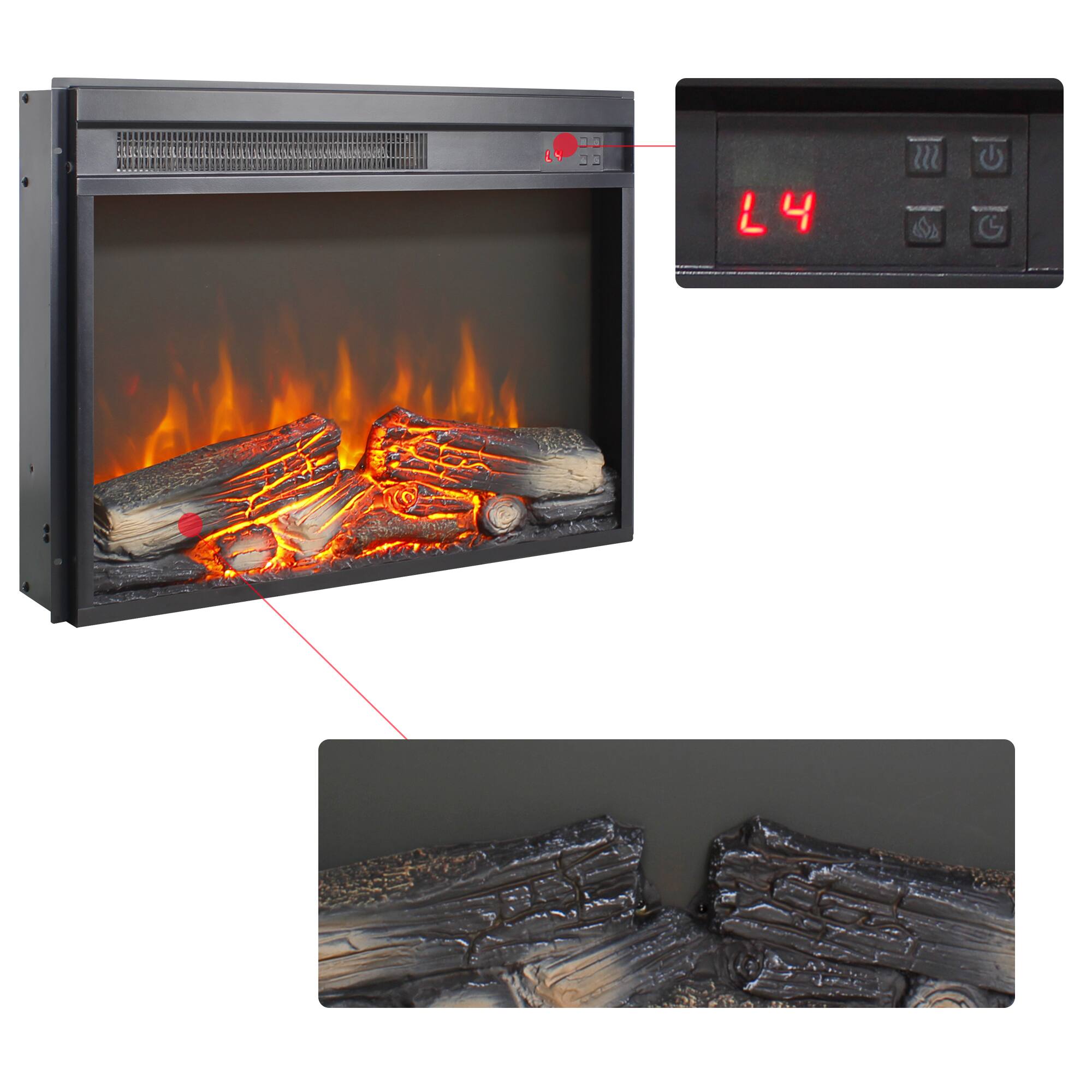 Alt View 1. GOODSILO - 23"" Electric Fireplace Insert - Ultra Thin Heater, Realistic Flame & Log Set, Remote, Timer, Overheat Protection - Antique Black.