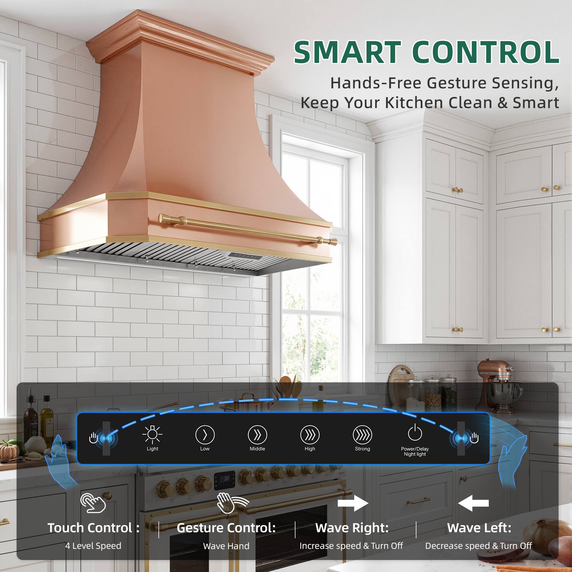 SMART CONTROL  
Hands-Free Gesture Sensing, Keep Your Kitchen Clean & Smart  

Light: Low, Middle, High, Strong  
Touch Control: 4 Level Speed  
Gesture Control: Wave Hand  

Wave Right: Increase speed & Turn Off  
Wave Left: Decrease speed & Turn Off