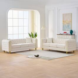 Ropilly - Beige Velvet Sofa Set Chesterfield Loveseat Style with Button Tufting Gold Legs for 6 Seat Living Room - Beige
