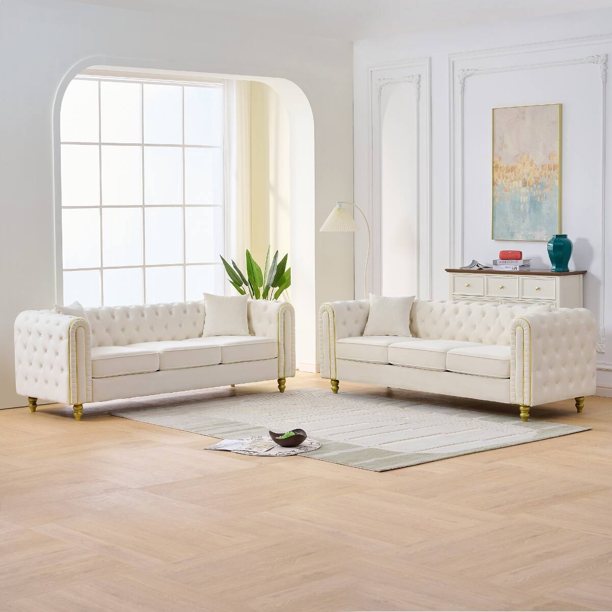Front. Ropilly - Ropilly Beige Velvet Sofa Set Chesterfield Loveseat Style with Button Tufting Gold Legs for 6 Seat Living Room - Beige.