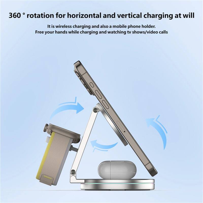 360° rotation for horizontal and vertical charging at will

It is wireless charging and also a mobile phone holder. Free your hands while charging and watching tv shows/video calls