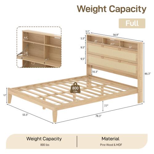 Weight Capacity Full  
44" x 5.1" x 5.5" x 9.5" x 20" x 56.9" x 20.1" x 20" x 3.8" x 9.5" x 10.3" x 46.3" x 12"  
800 lbs  
7.7" x 55.5" x 78.3"  

Material: Pine Wood & MDF