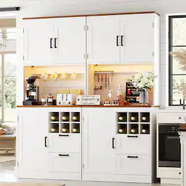 Aheaplus - 72'' Tall Pantry Cabinet with 2 Drawers & Grid Wine Rack, Storage Cabinet with Power Outlets & LED Lights, 2 Piece Set - White & Brown