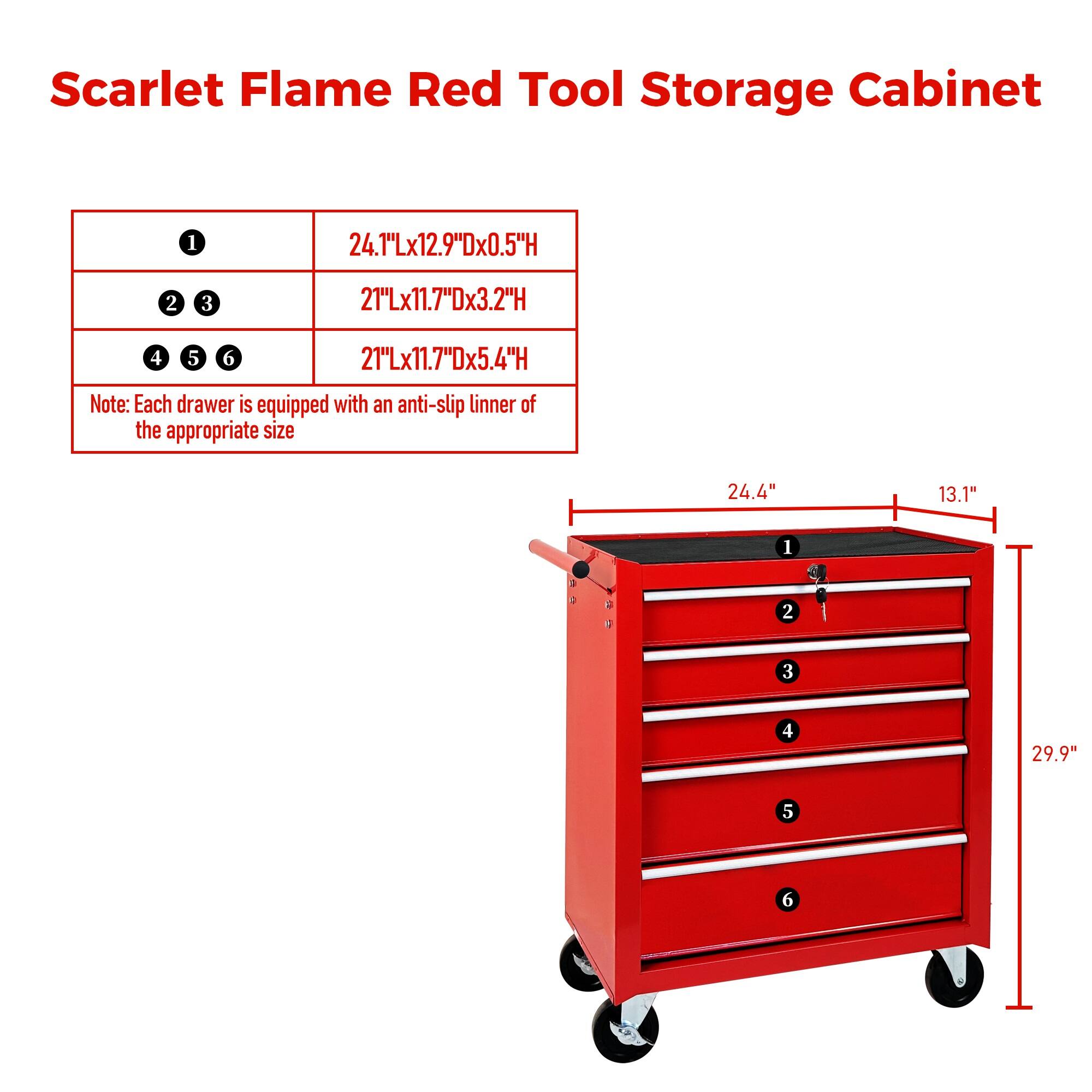 Scarlet Flame Red Tool Storage Cabinet

1. 24.1"Lx12.9"Dx0.5"H
2. 21"Lx11.7"Dx3.2"H
3. 21"Lx11.7"Dx5.4"H

Note: Each drawer is equipped with an anti-slip linner of the appropriate size

Dimensions:
- 24.4" (width)
- 13.1" (depth)
- 29.9" (height)