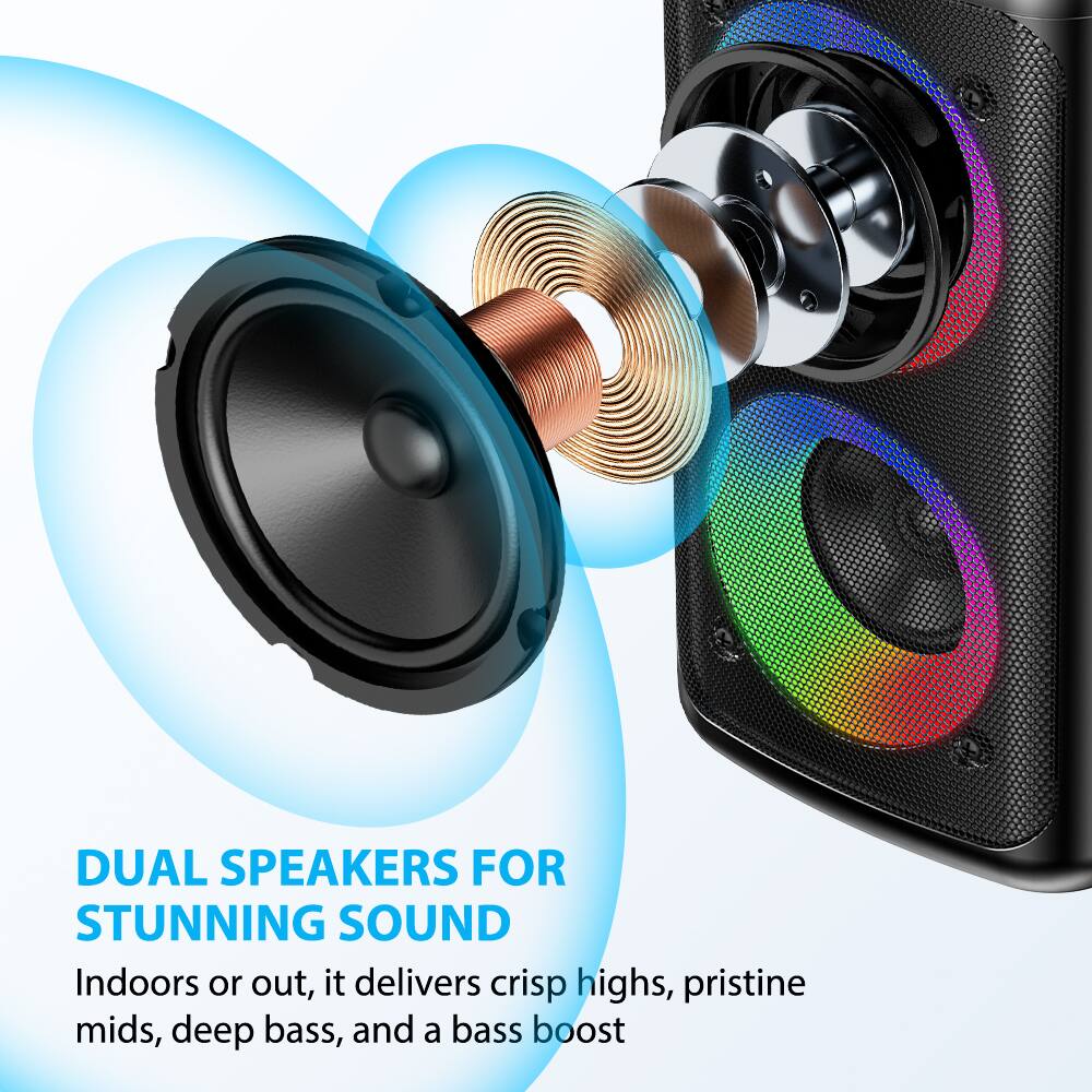 DUAL SPEAKERS FOR STUNNING SOUND

Indoors or out, it delivers crisp highs, pristine mids, deep bass, and a bass boost