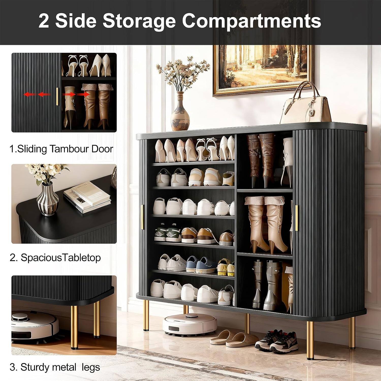 2 Side Storage Compartments

1. Sliding Tambour Door
2. Spacious Tabletop
3. Sturdy metal legs