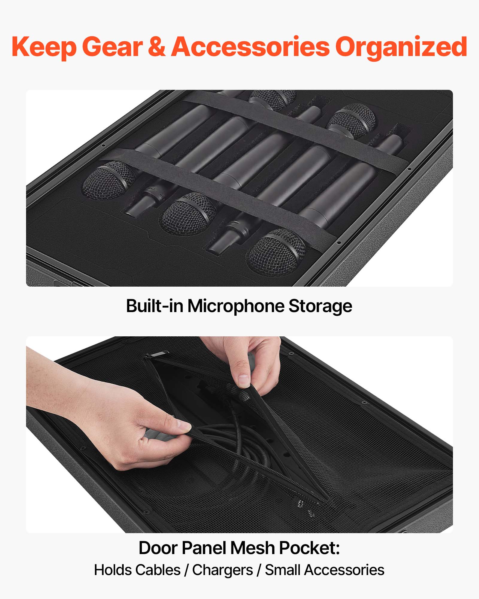 Keep Gear & Accessories Organized

Built-in Microphone Storage

Door Panel Mesh Pocket:
Holds Cables / Chargers / Small Accessories
