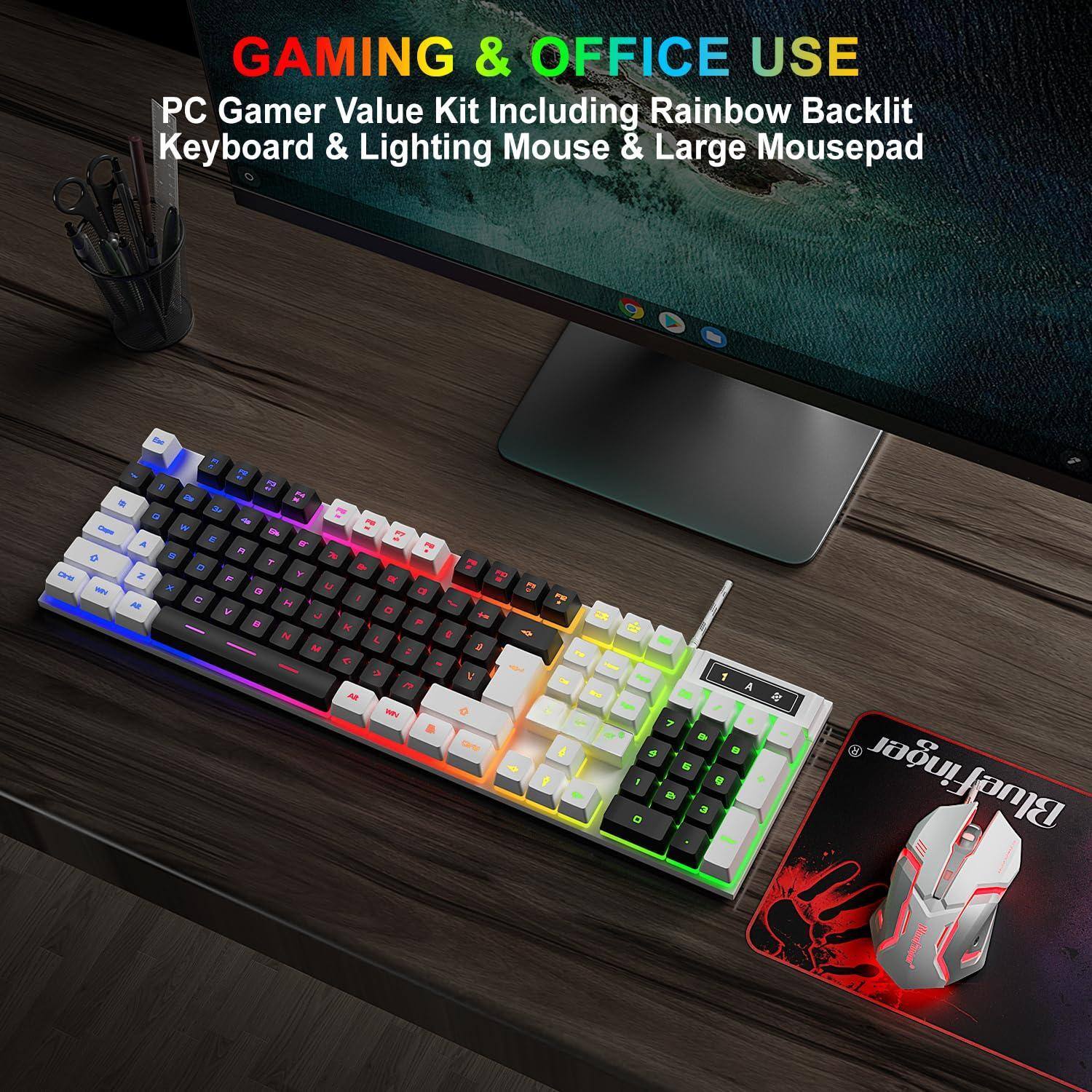 GAMING & OFFICE USE  
PC Gamer Value Kit Including Rainbow Backlit Keyboard & Lighting Mouse & Large Mousepad