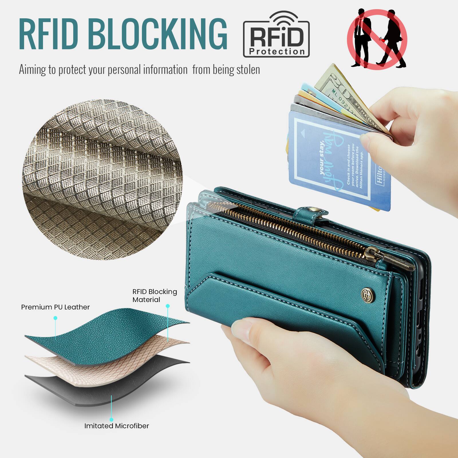 RFID BLOCKING  
Aiming to protect your personal information from being stolen  

RFiD Protection  

Premium PU Leather  
RFID Blocking Material  
Imitated Microfiber