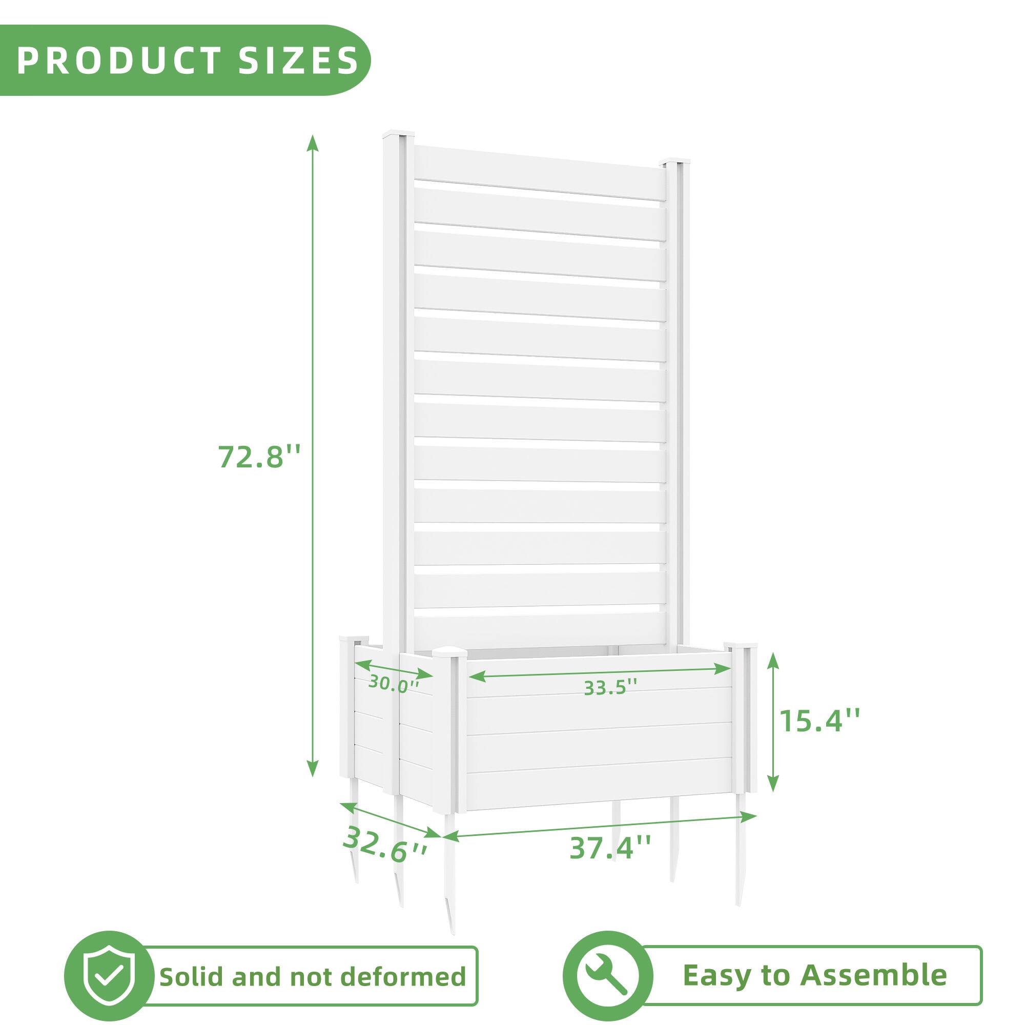PRODUCT SIZES  
72.8"  
30.0"  
33.5"  
15.4"  
32.6"  
37.4"  

Solid and not deformed  
Easy to Assemble