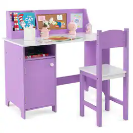 Costway - Kids Desk and Chair Set Study Writing Workstation with Bookshelf & Bulletin Board - Purple