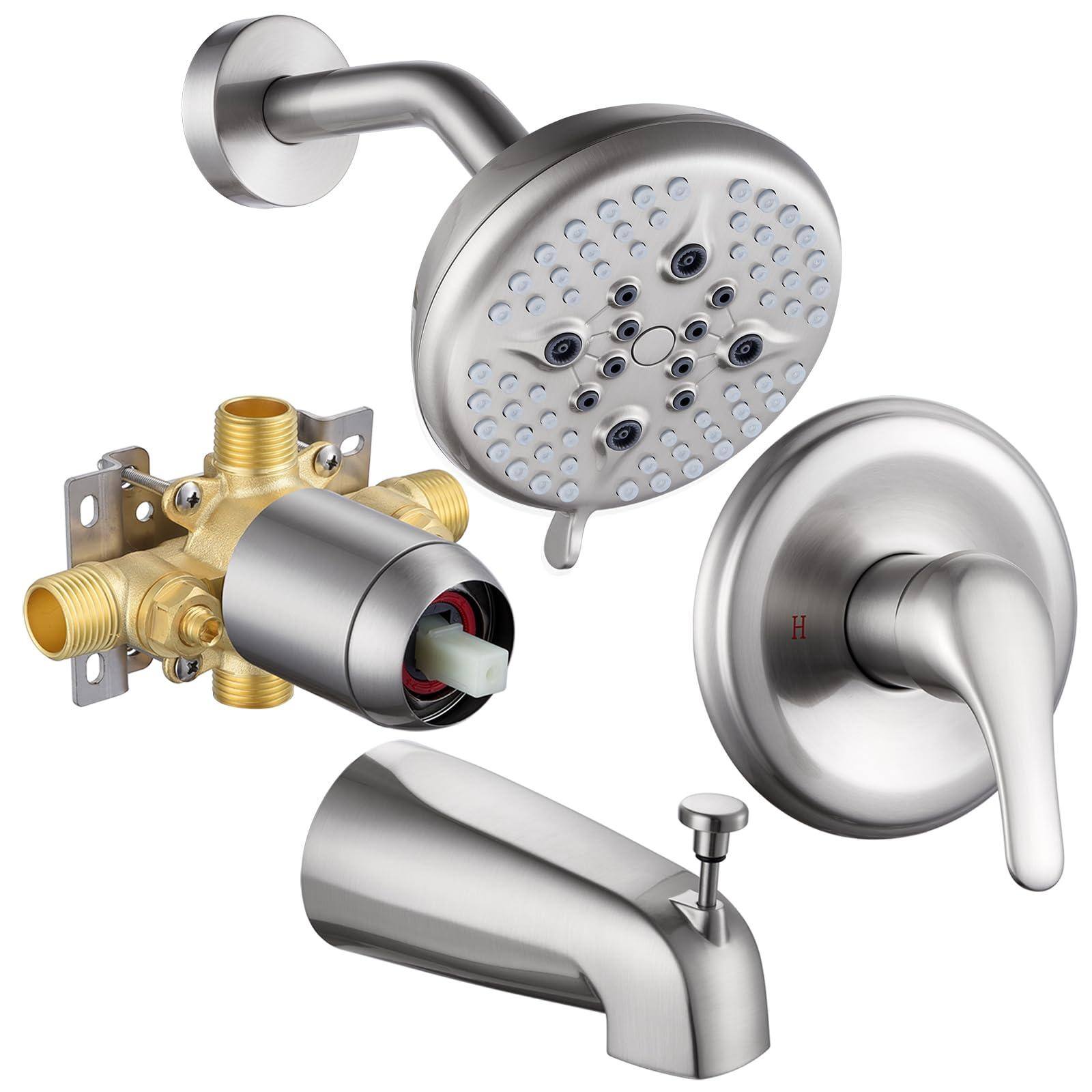 Alt View 1. Paradigms Interiors - Tub Shower Faucet Set 5 inch Rain Head And Spout Single handle With Valve Kit Included Trim Brushed Nickel - Chrome-with tub spout.