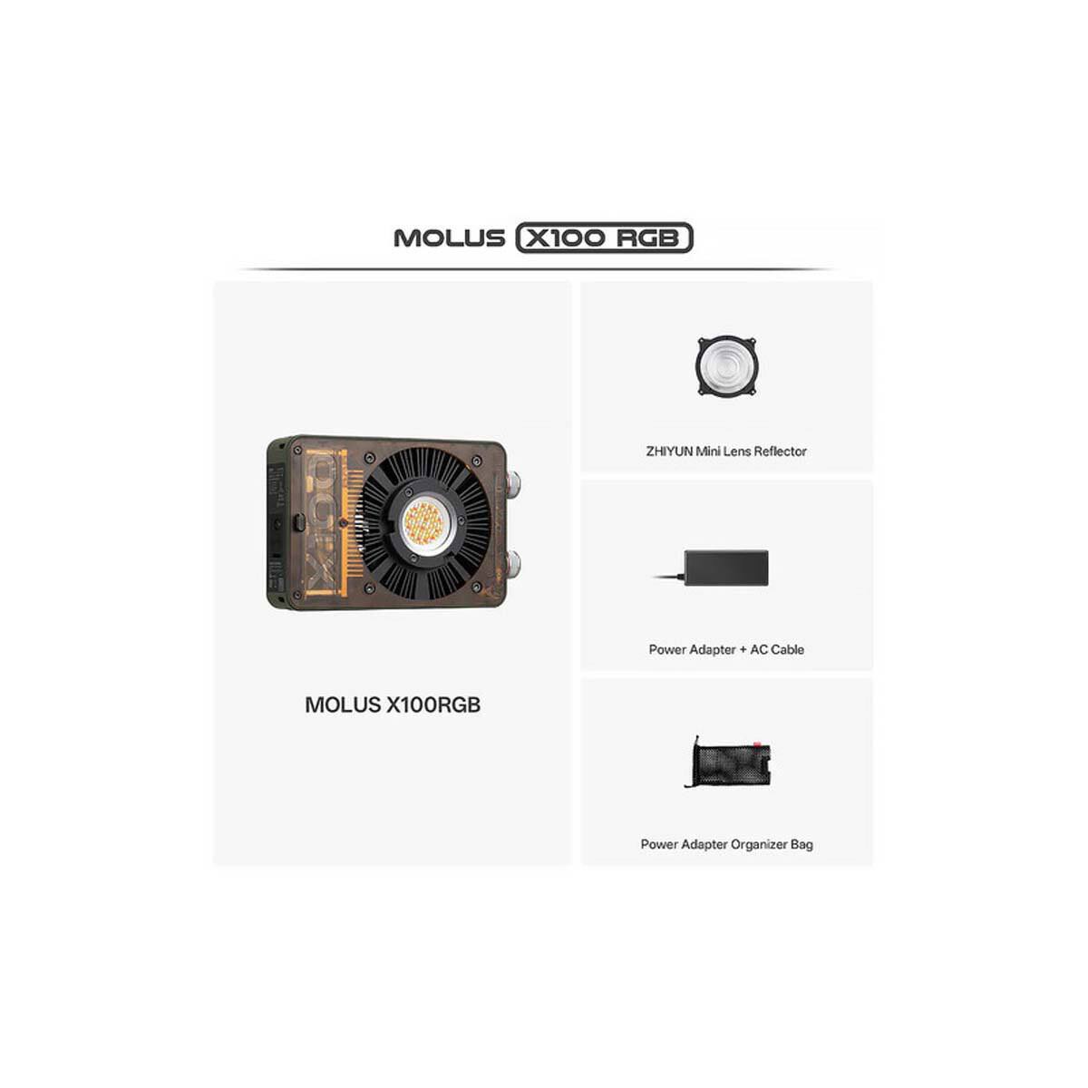 MOLUS X100 RGB  
ZHIYUN Mini Lens Reflector  
Power Adapter + AC Cable  
MOLUS X100RGB Power Adapter Organizer Bag