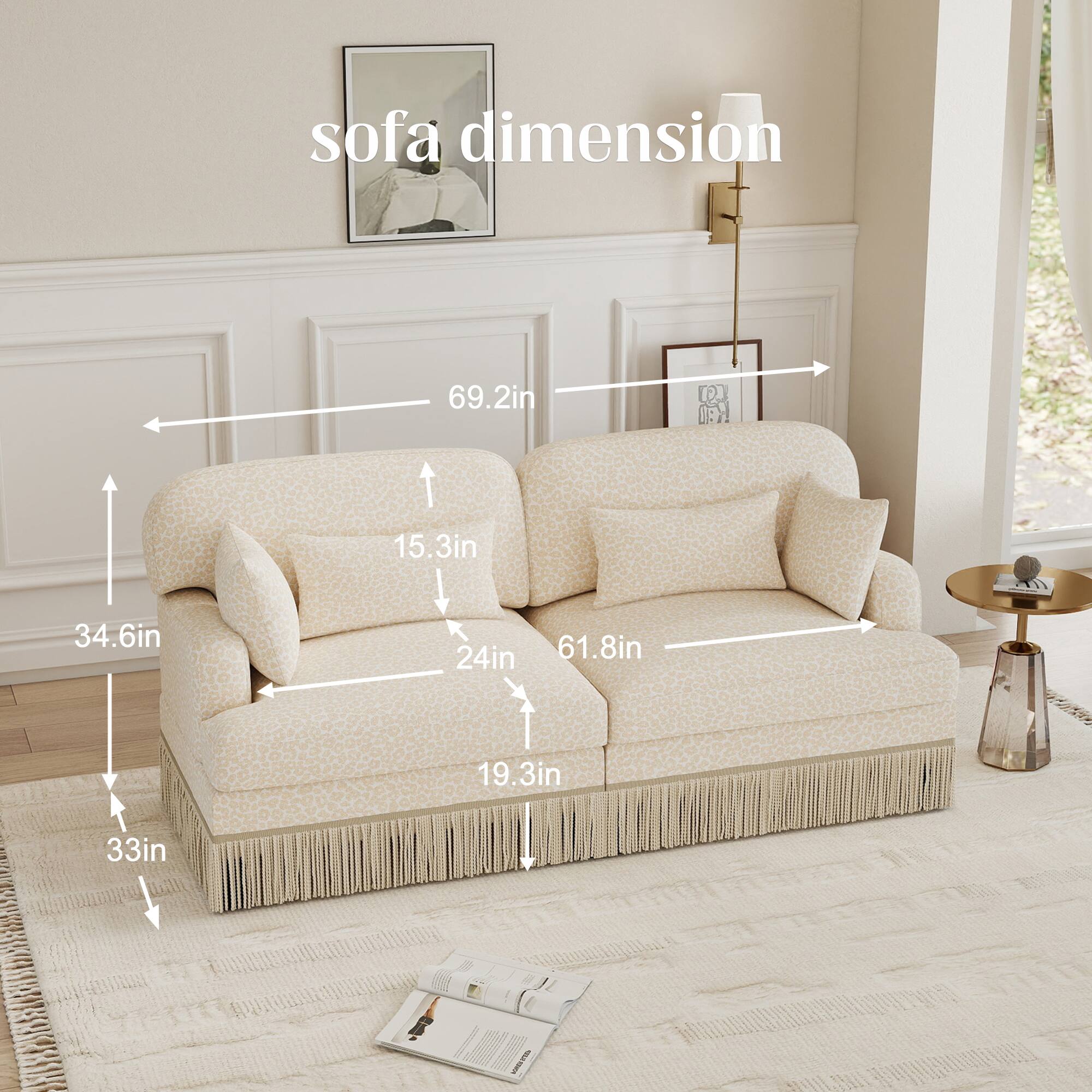 sofa dimension 69.2in D 15.3in 34.6in 24in 61.8in 19.3in 33in