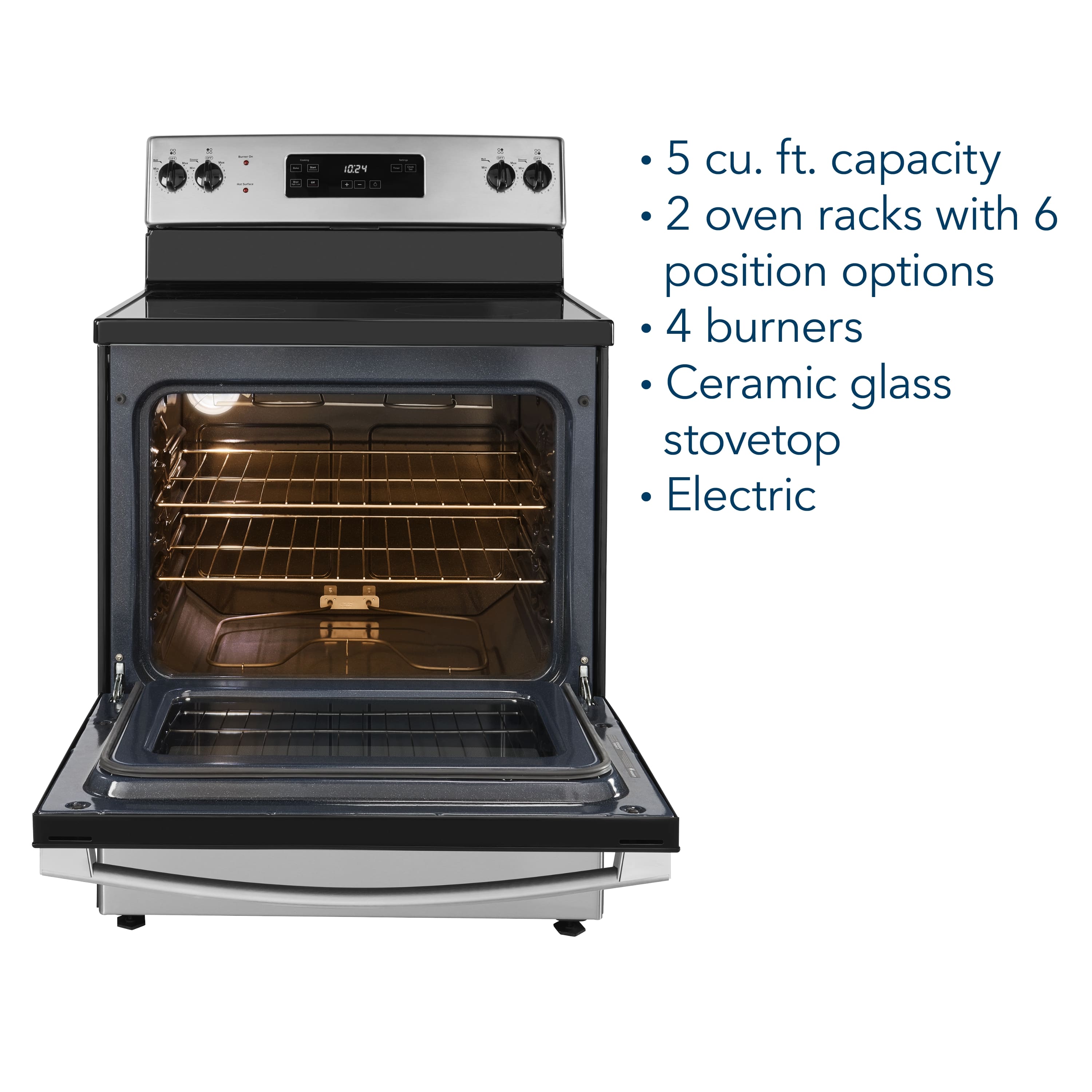 The text on the image reads: "2 5 cu. ft. capacity 2 oven racks with 6 position options 4 burners Ceramic glass stovetop Electric." This text is describing a stove with a 5 cu. ft. capacity, two oven racks with six position options, and four burners on a ceramic glass stovetop. The stove is electric.
