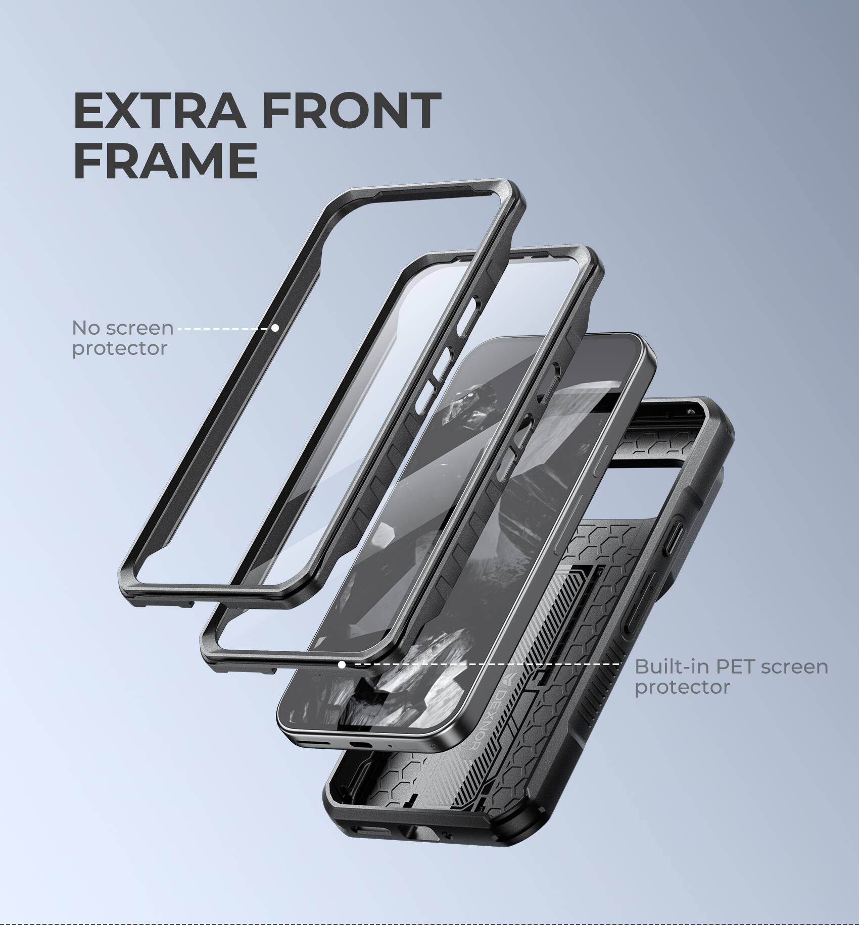EXTRA FRONT FRAME
No screen protector
Built-in PET screen protector