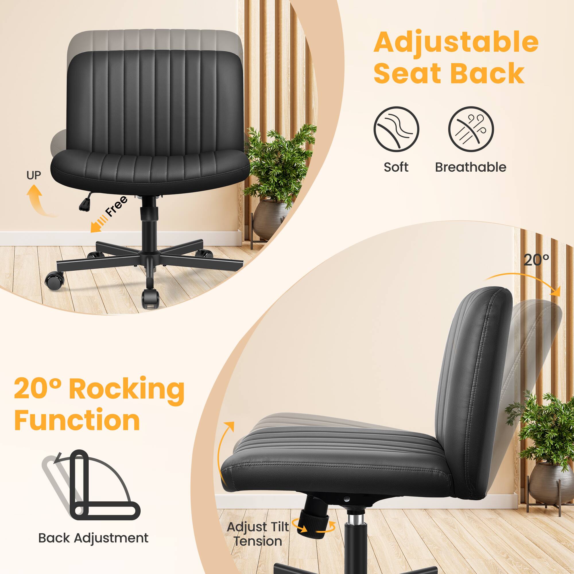 Adjustable Seat Back  
Soft  
Breathable  

20° Rocking Function  
Back Adjustment  
Adjust Tilt Tension