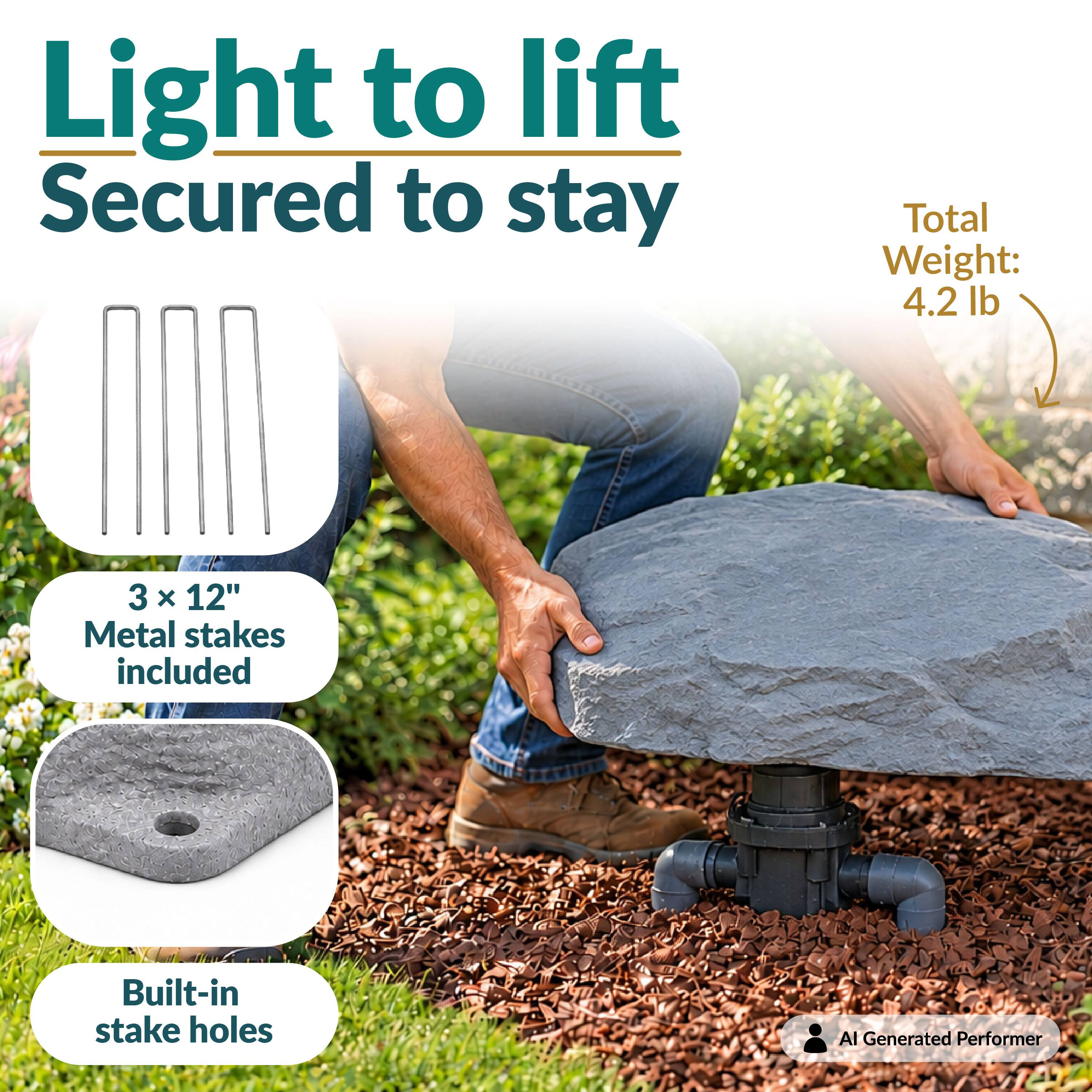 Light to lift  
Secured to stay  

Total Weight: 4.2 lb  

3 x 12" Metal stakes included  

Built-in stake holes  

AI Generated Performer