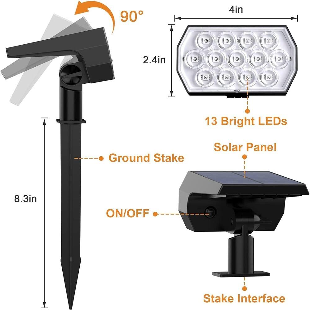- 90°
- 2.4in
- 4in
- 8.3in
- 13 Bright LEDs
- Solar Panel
- Ground Stake
- ON/OFF
- Stake Interface