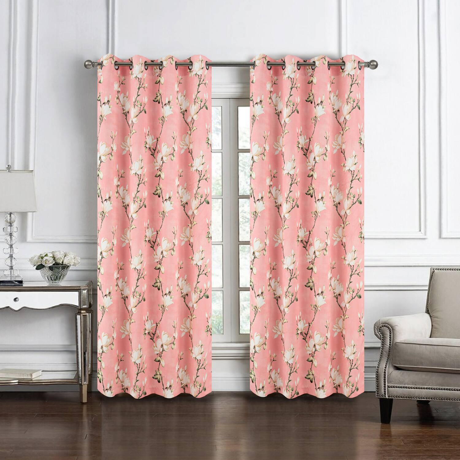 Angle. Olivia Gray - Olivia Gray 100% Polyester 200 GSM Blossom Printed Blackout Grommet Curtain Panel 54" x 84" Blush - Blush.