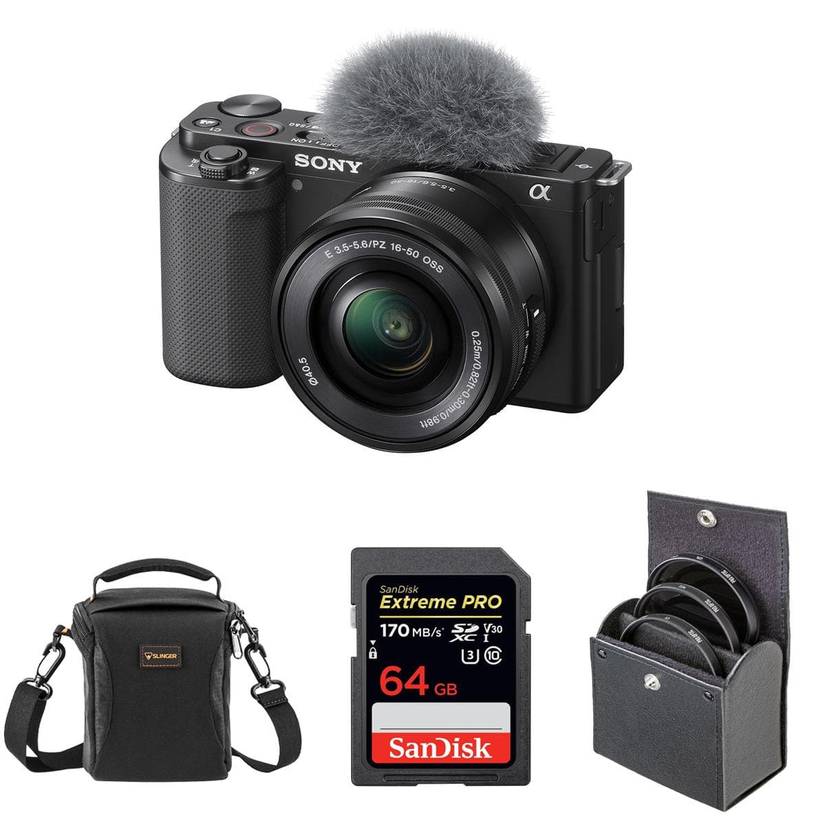 Bundle - Sony - ZV-E10 APS-C Mirrorless Interchangeable Lens Vlogging Camera with 16-50mm Lens, Black - with 64GB SD Card,