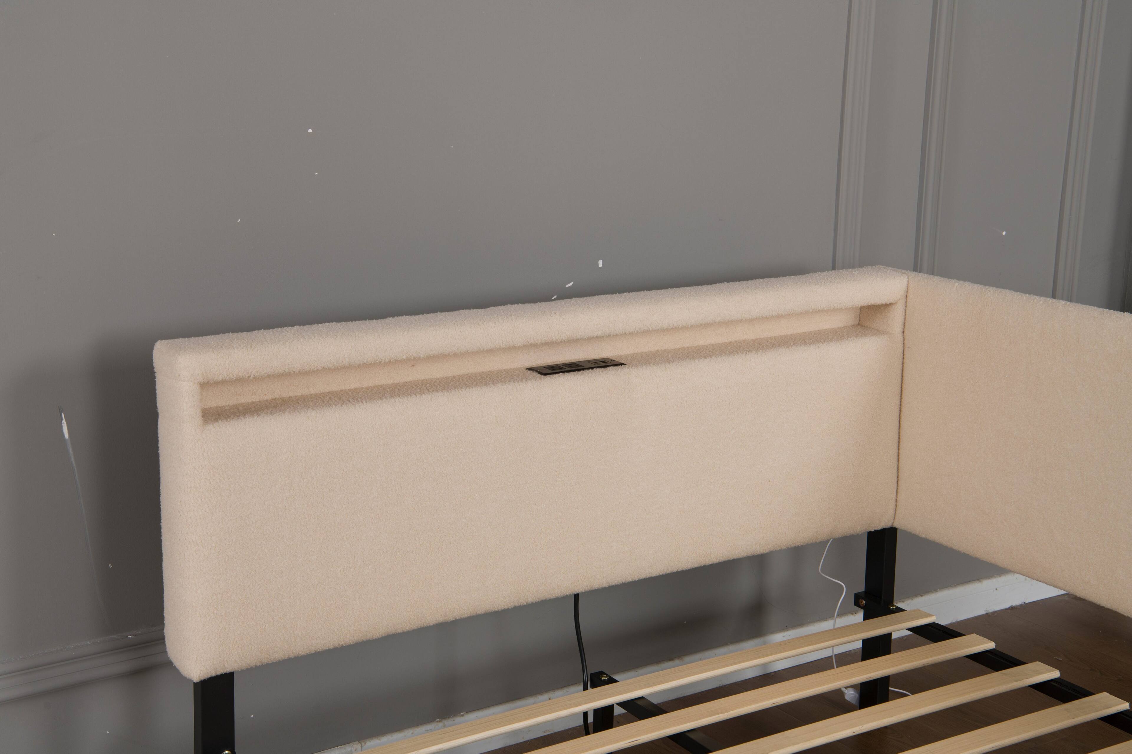 Alt View 2. LUCKY ONE - Full Size Upholstered Boucle Bed Frame with 2 Storage Drawers, LED light and USB Charging Design - Beige.