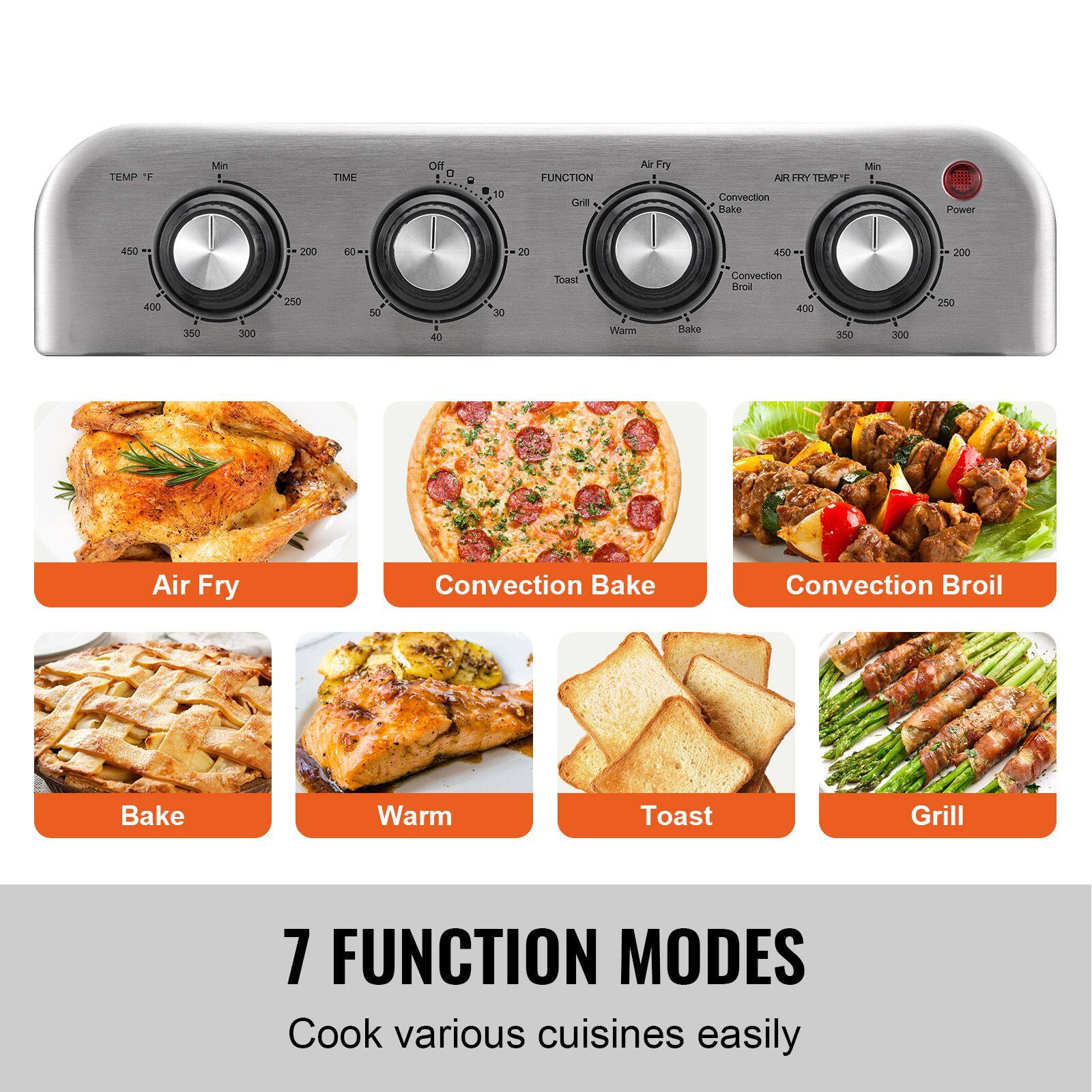 TEMP T Min ! TIME off a - 10 FUNCTION Gire A Fry AR HRY 4 Convection Sake Min : Puwer 450 200 DO 20 450 200 100 350 5 300 250 40 30 Toast Warm fake Convection Brod 400 2 360 300 250 Air Fry Convection Bake Convection Broil Bake Warm Toast Grill 7 FUNCTION MODES Cook various cuisines easily